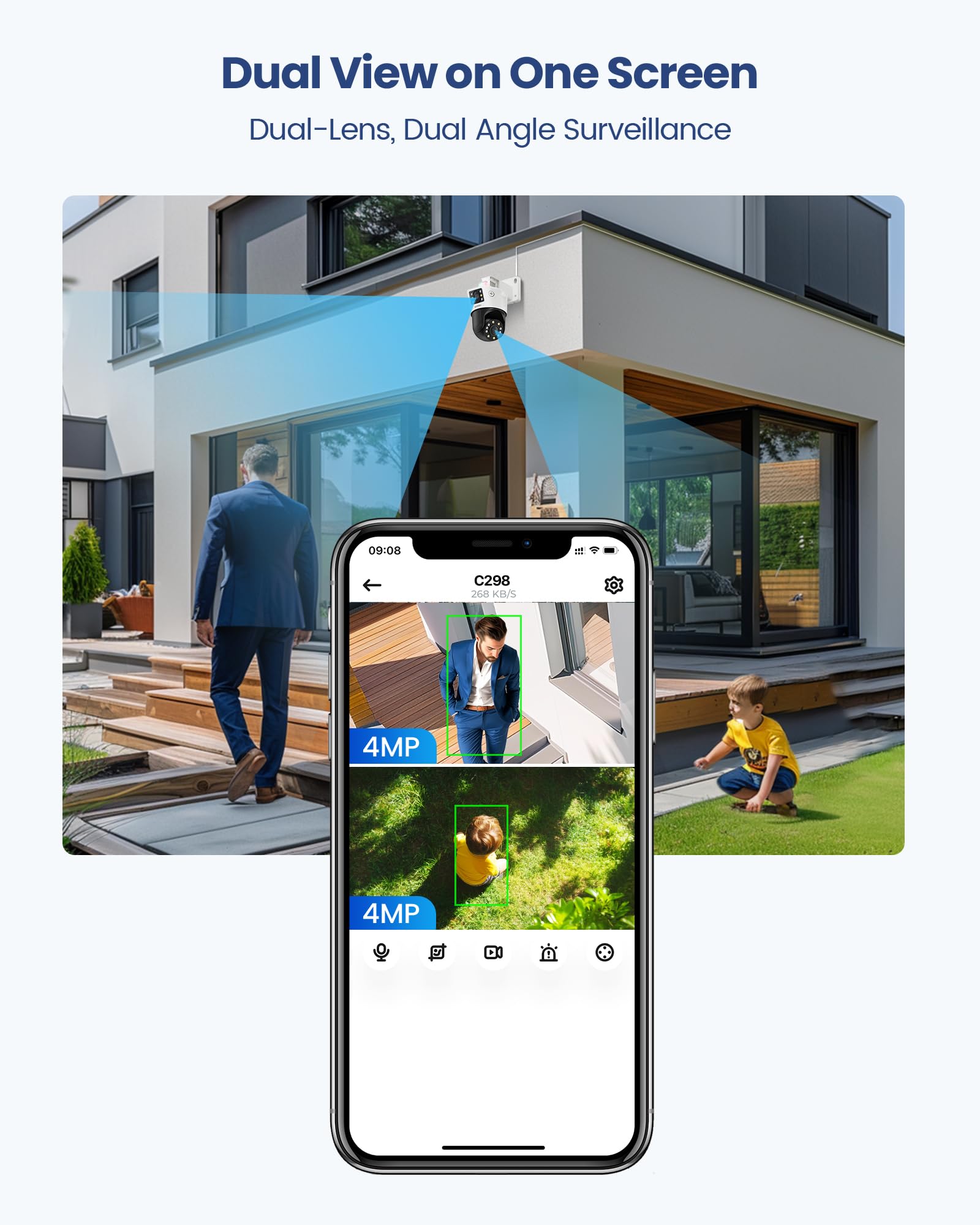 ZOSI 4MP+4MP PoE Dual-Linse Überwachungskamera, KI Personenerkennung