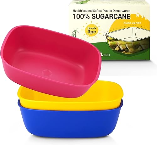 Miniatura 8 de Sugarcane Kids Bowls - Paquete de 3 (27 onzas), platos de plástico natural para niños pequeños a grandes, arroz frito y fideos, aptos para
