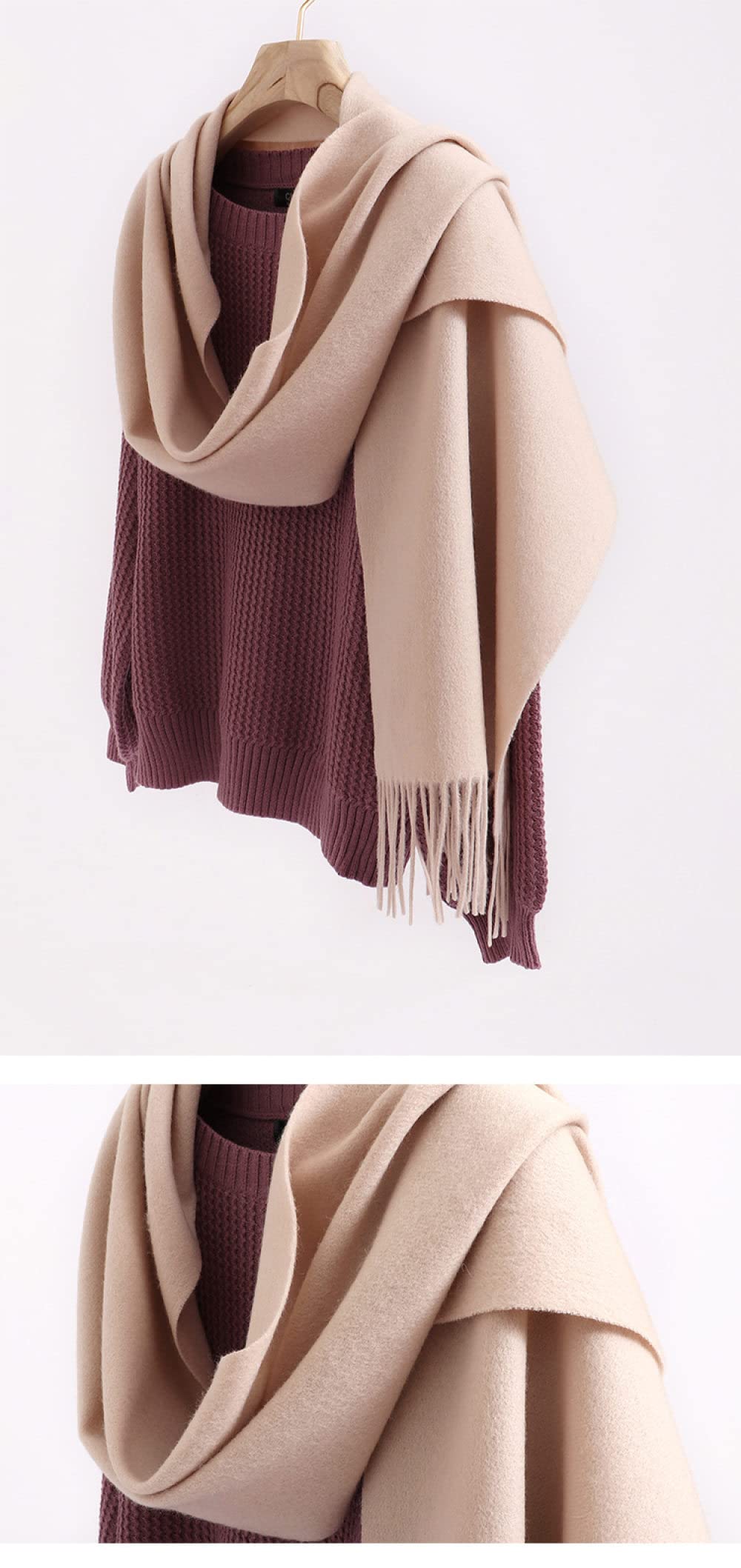 HGJH Strickschal Damen, Winterschals Beige Weicher Warmer Schal Dicke Decke Einfarbige Quaste Kaschmir-Feeling-Schal Langer Großer Winterschal Trendige Stola-Schals Für Frauen Mädchen