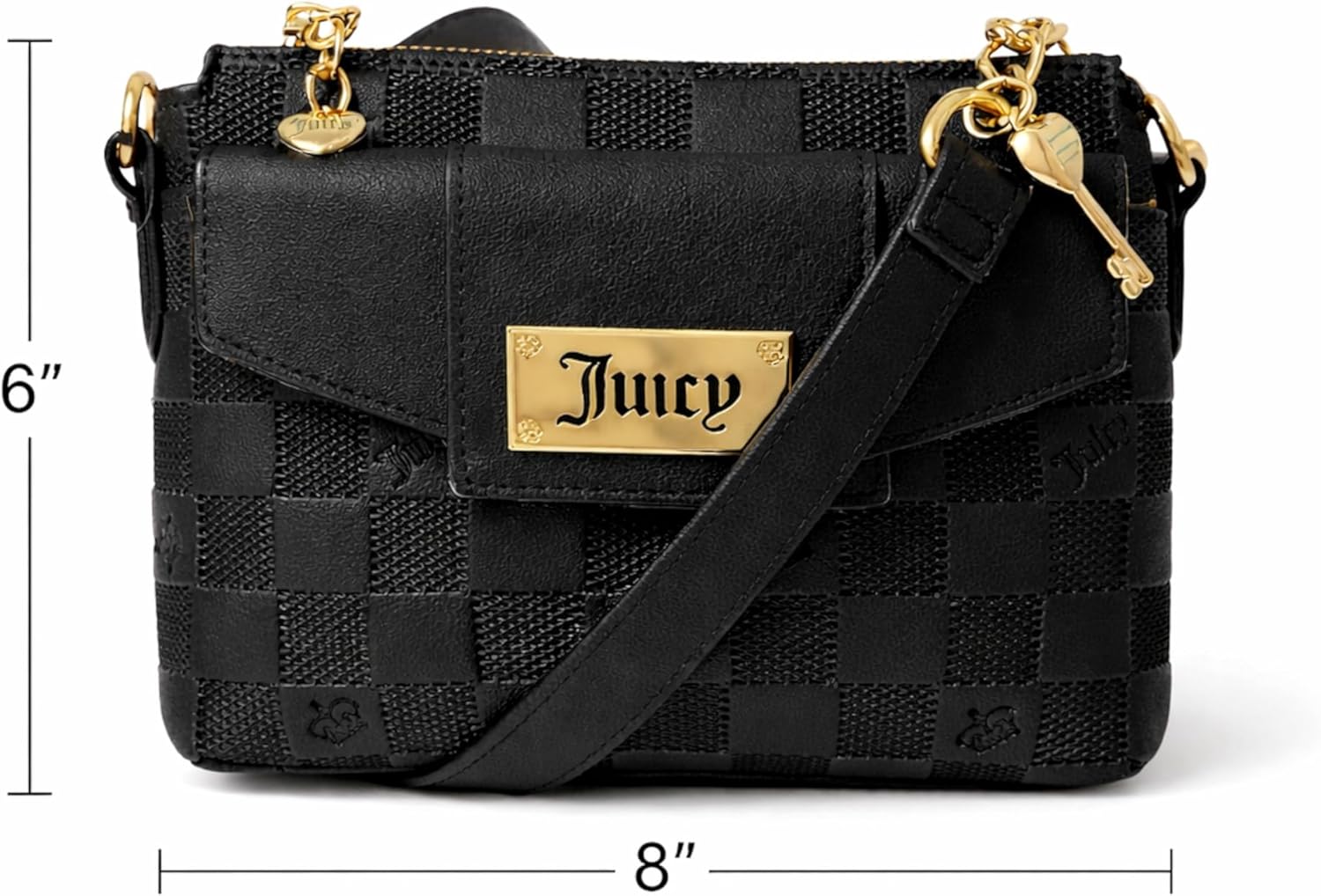 Juicy Couture Miss Independent Crossbody Bag, Black Checkerboard Logo Mini Purse with Gold Hardware, Adjustable Strap, 8 x 6 Inches