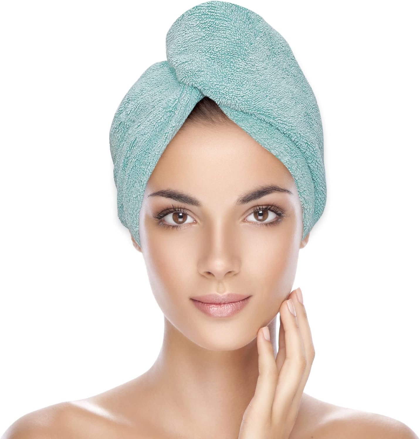 KEEPOZ Zero Twist 100% Cotton Terrycloth Hair Turban, Rapid Drying Towel with Button and Elastic Strap, Anti Frizz Cap for Long Thick Hair (Ocean Green)