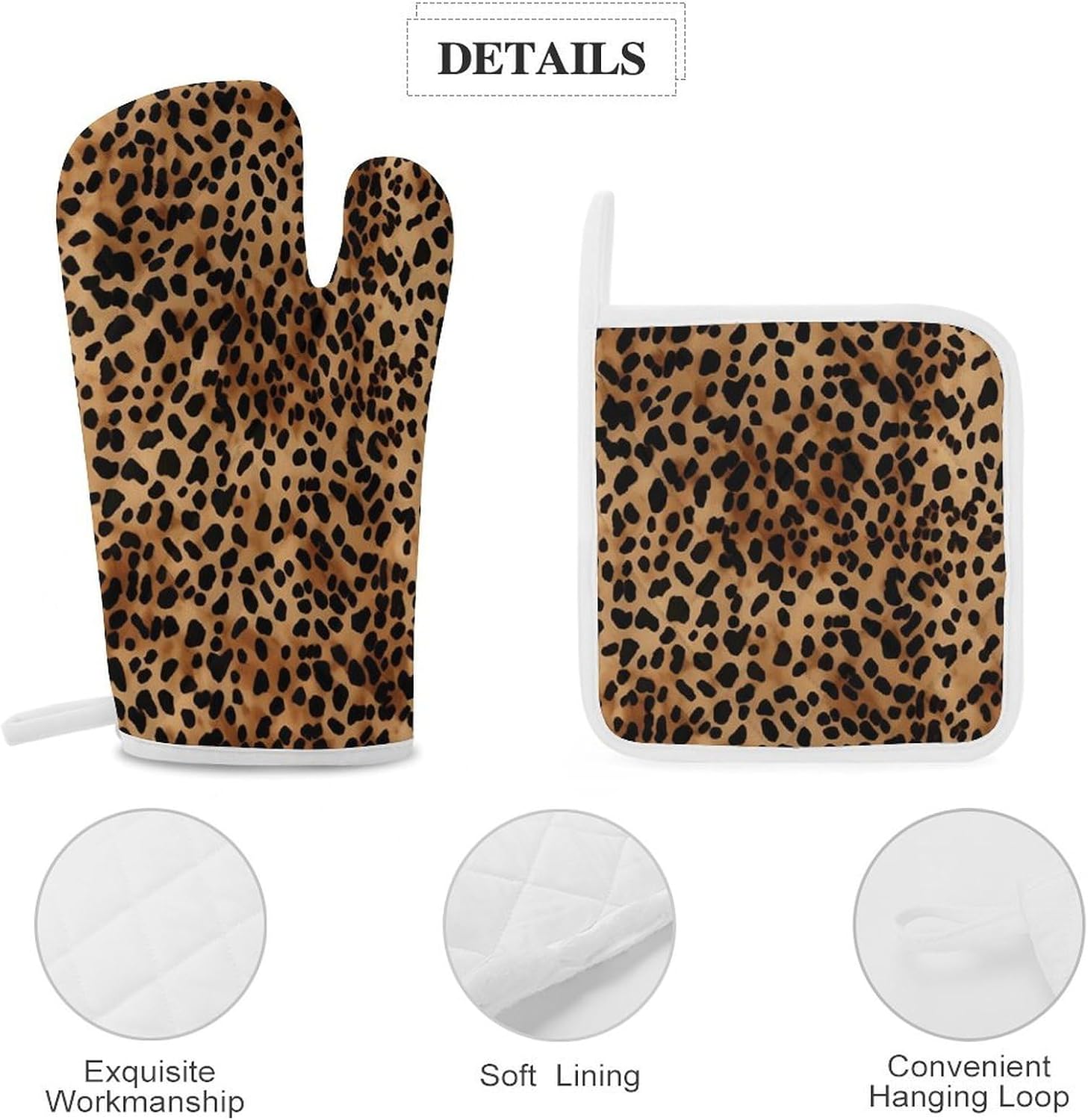 4-Piece Oven Mitts and Pot Holders Set Leopard Patterned Wallpaper Printed Heat-Resistant Polyester Kitchen Gloves and Potholders Comfortable & Durable for Cooking Baking and Grilling
