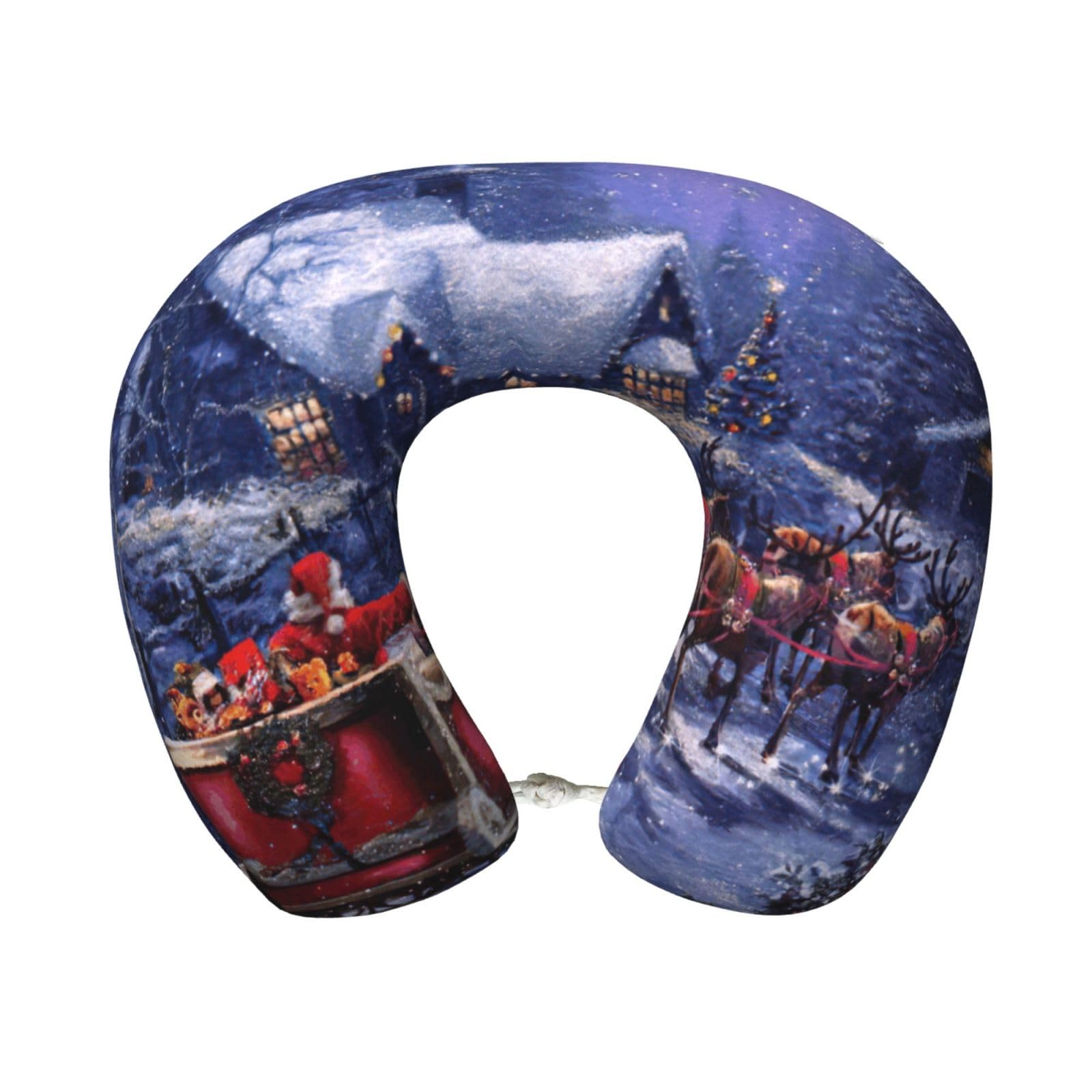 ASFgda U-Shape Memory Foam Snow Night Santa And Deer Print Travel Pillow,Neck Support,Washable Cover For Airplane Car Home Office