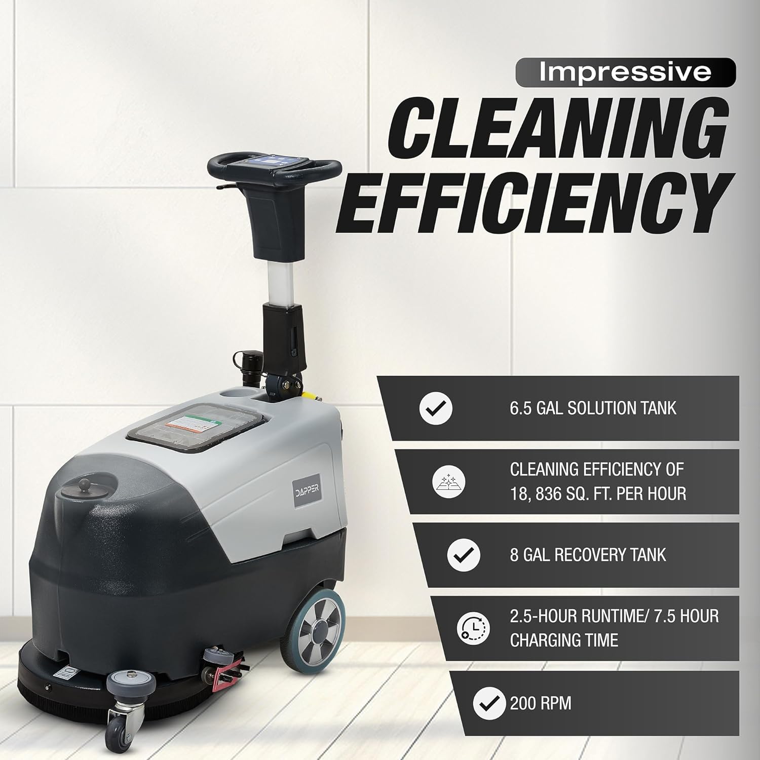 Infographic showing cleaning efficiency, tank capacities, runtime, and RPM