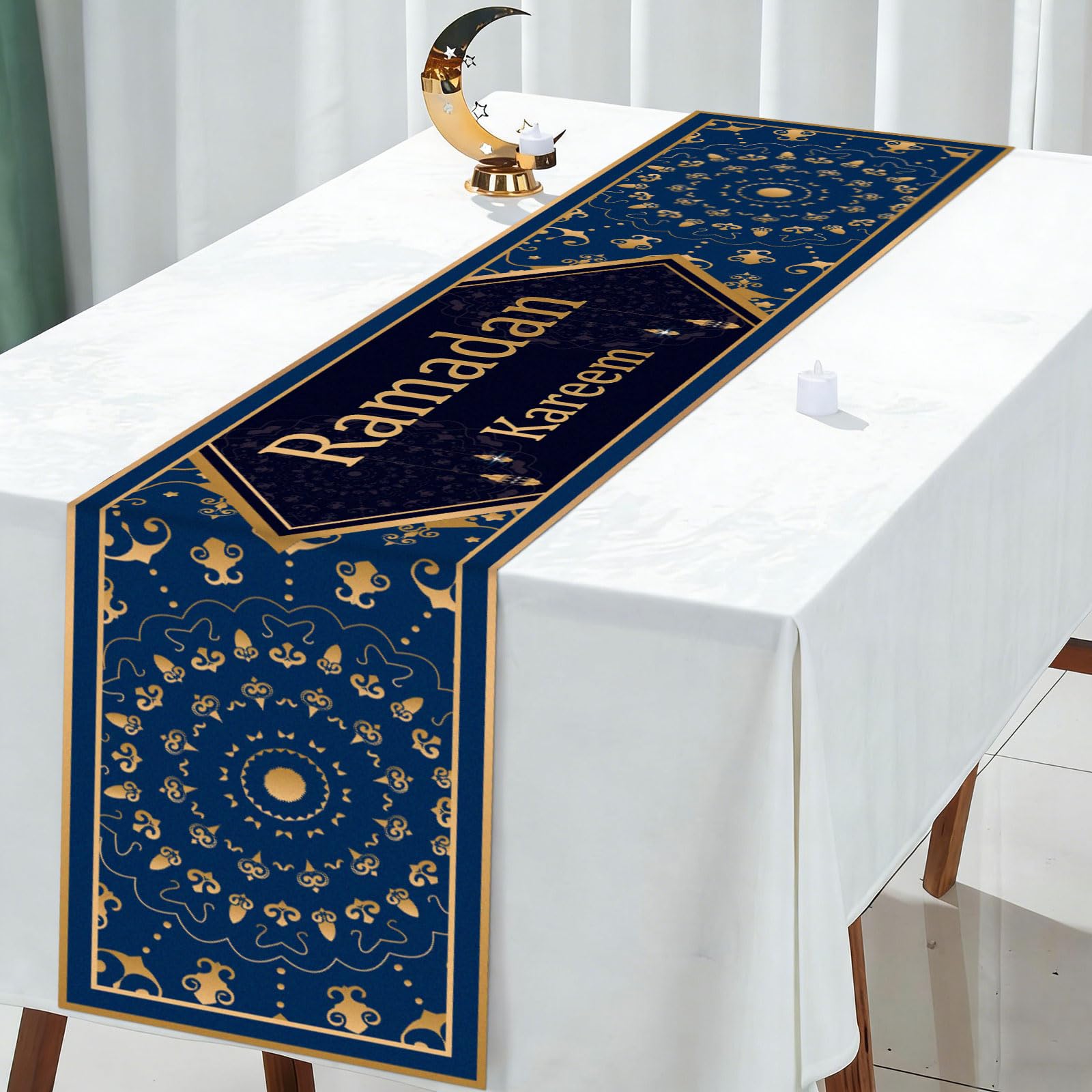 Fogcosy Blue Ramadan Mubarak Table Runner, 70X13 Inch Ramadan Kareem Tablecloth, Eid Mubarak Tablecloth, Table Decorations For Home Room Dinning Eid Festival Party Supplies