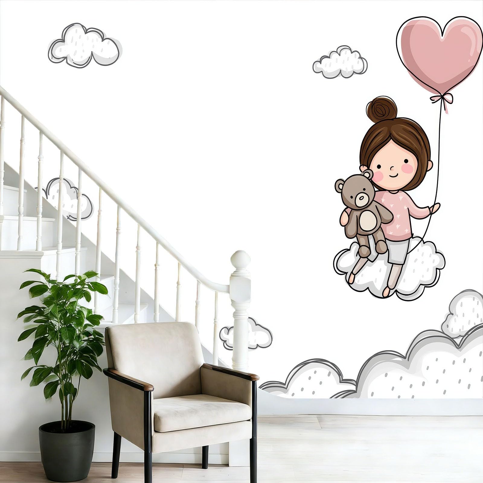 Duży mural ścienny 350 x 256 cm (szer. x wys.), różowy wzór chmurki z kreskówki, naklejana tapeta montażowa do głównej sypialni i salonu