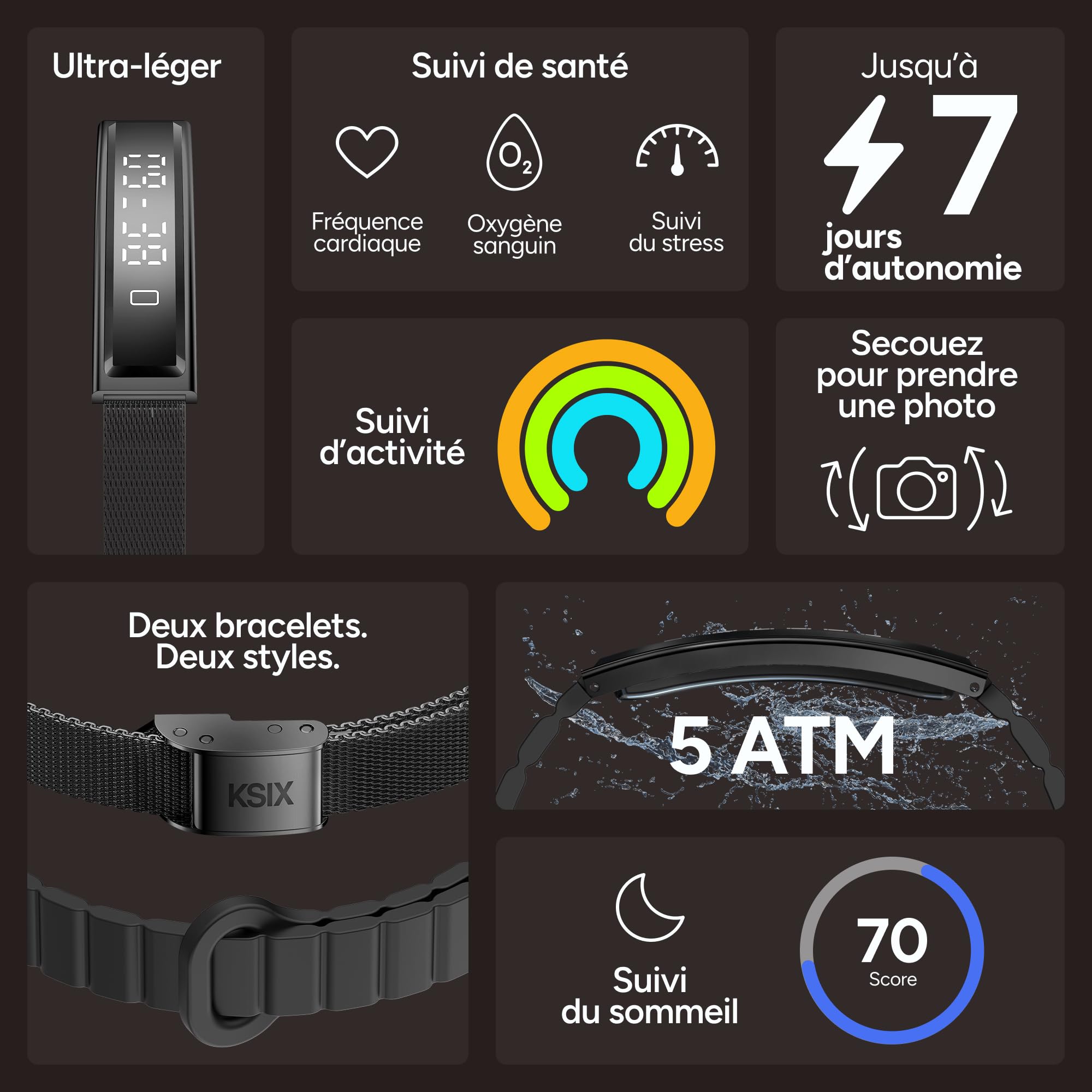 KSIX Bracelet connecté Serena pour Femmes avec écran, Suivi d'activité et de Sommeil, 100 Modes Sportifs, autonomie de 7 Jours, étanchéité jusqu'à 5 ATM, 2 Bracelets (Silicone et métal)