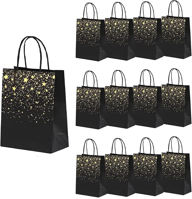 XNX 24PCS Party Favor Paper Gift Bags Kraft Paper Bags Candy Bags Party Favor Bags with Handle for Birthday, Wedding and Party Celebrations (black star)