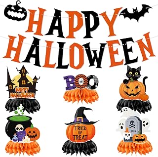 Happy Halloween Decorations Set with Banner and Table Honeycomb Centerpieces, Halloween Party Table Decorations with Pumpkin Ghost Witch BOO Decor for Indoor Outdoor Celebration