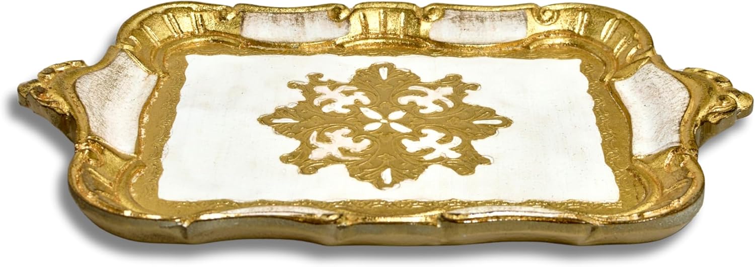Small Hand Carved Florentine Wood Rectangle Gold Vanity Tray, 12.5" x 7.5", Gold Tray for Vintage Home Decor, Shabby Chic Decor, Perfume Stand, Candle Holder, Gifts for Women, Made in Italy (White)