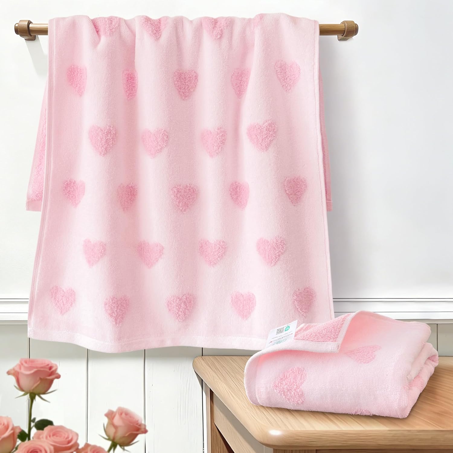 VOOVA & MOVAS Pink Hand Towels 4-Pack, 100% Soft Cotton 18x28 Inch Absorbent Thick Face Towels for Bathroom, Decorative Jacquard Heart & Baby Pink