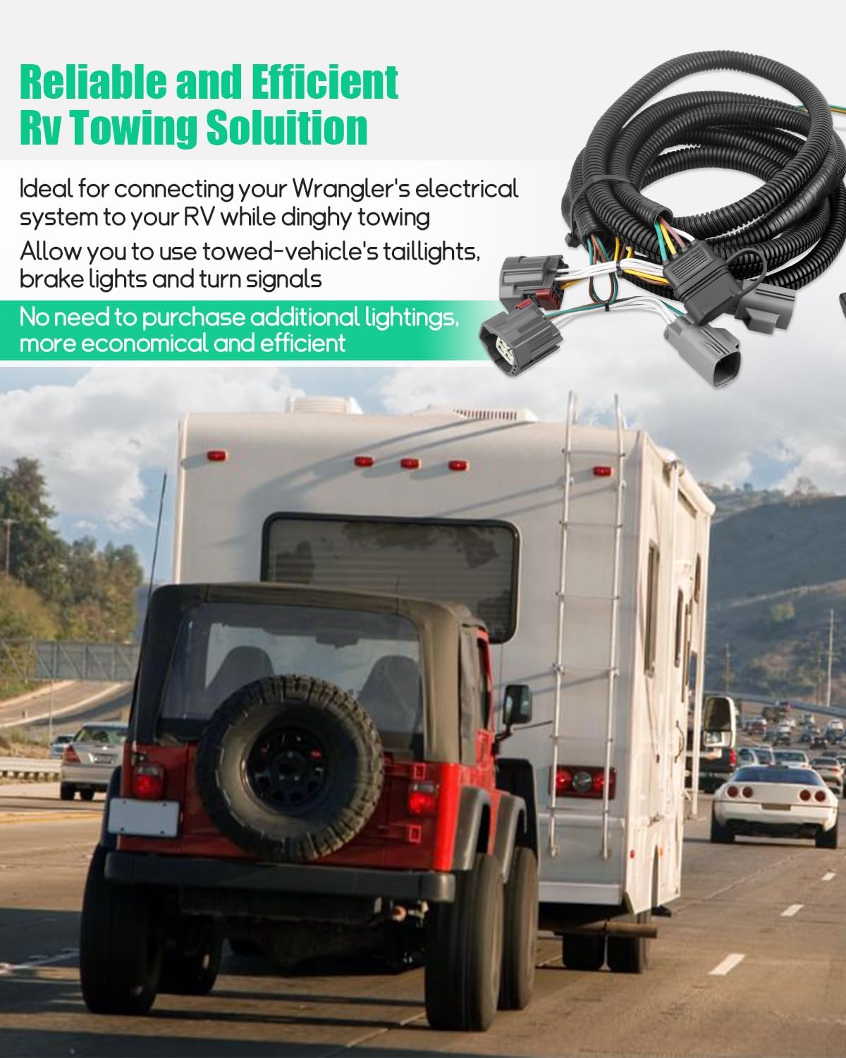 58903 Custom 4 Way RV Towed Vehicle Wiring Trailer Harness Kit, Fit for Flat Towing Jeep Wrangler JK 2007-2018
