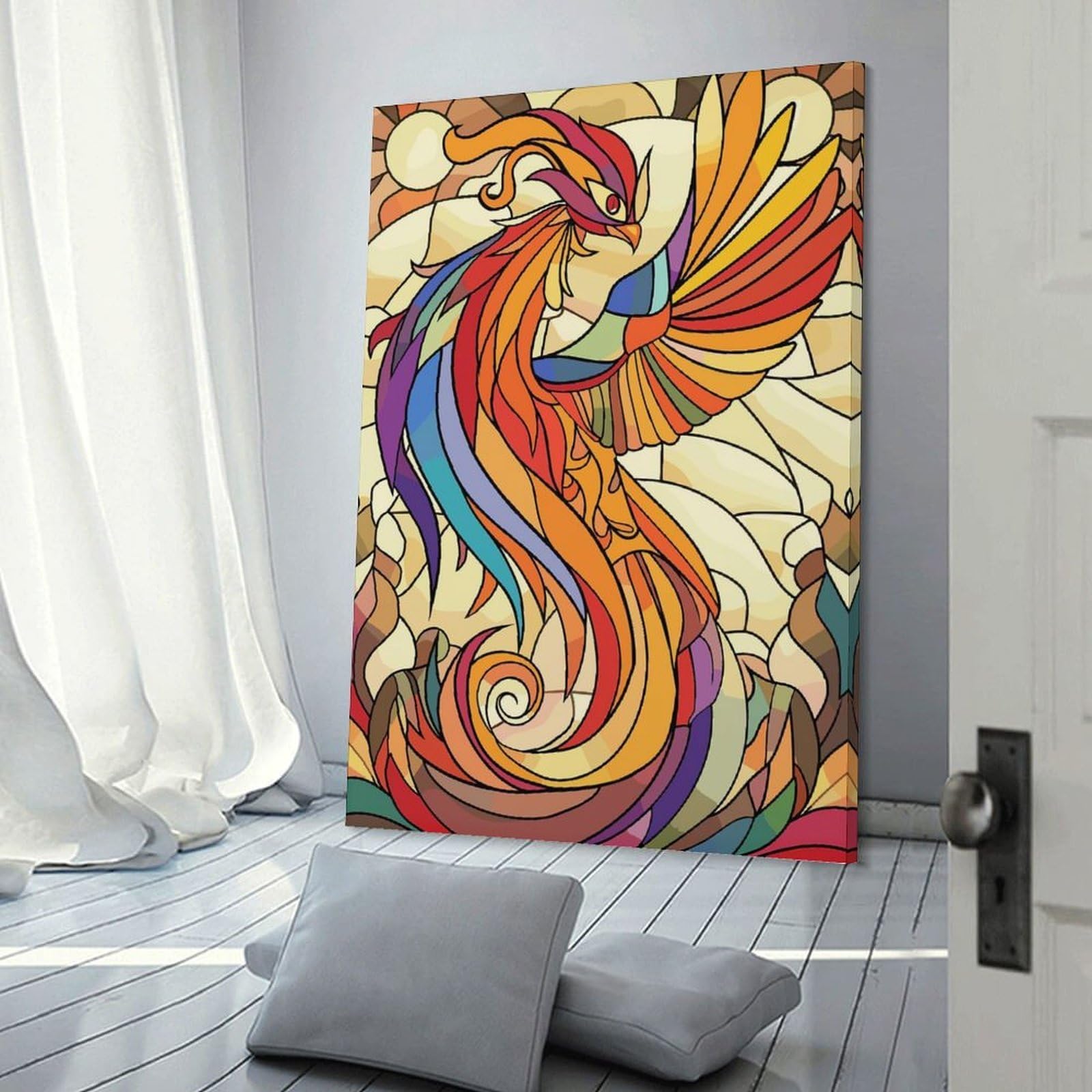 Junmoney Frame-Style-16 Stained Glass Phoenix Rising Hanging Wall Art, 20X30inch(50X75cm), For Gallery Wall Decor And Room Displays, Home Wall Art For Statement Displays