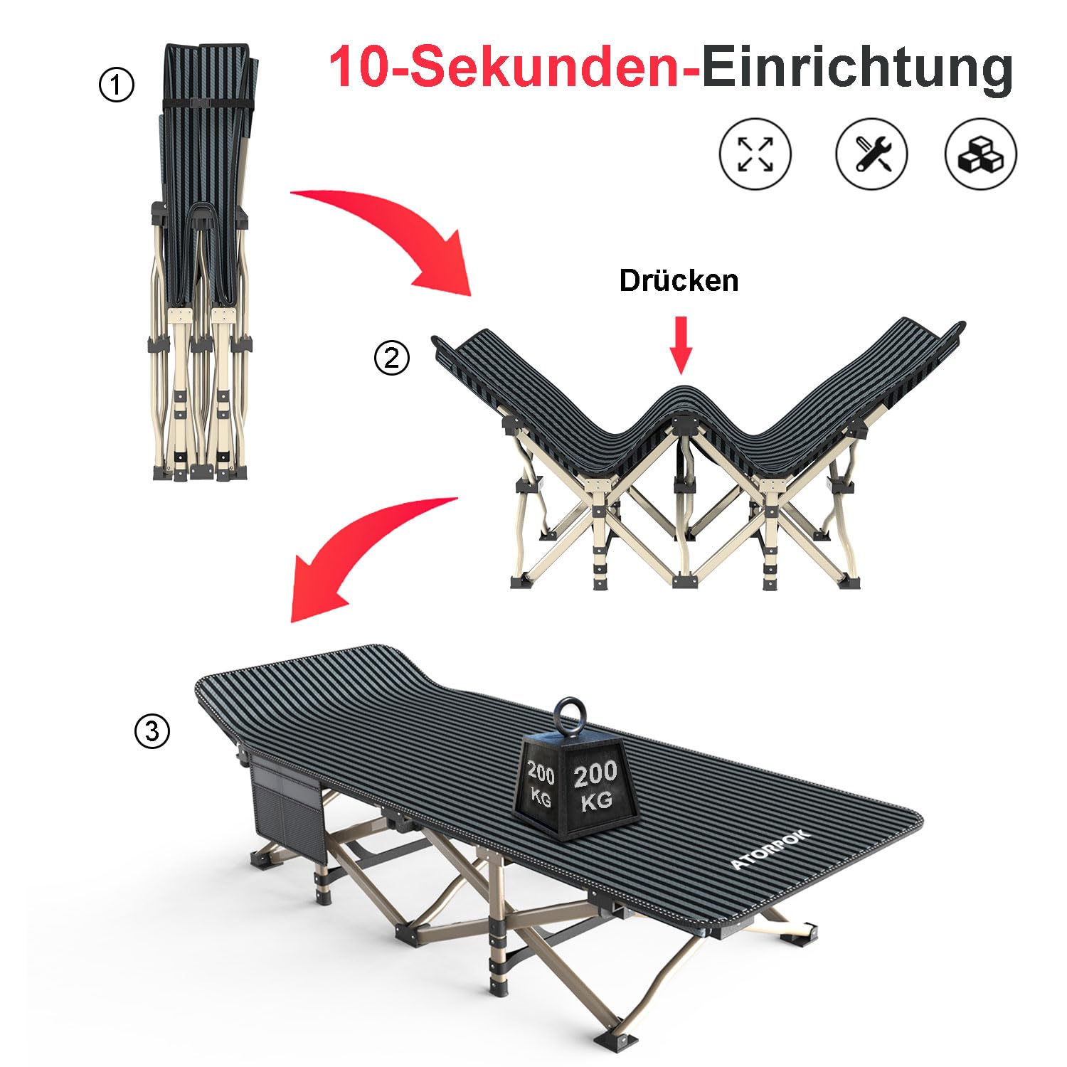 ATORPOK SHOP Campingbett feldbett klappbar, Faltbar Gästebett bis 200 kg für, Extra Breit Faltbar Klappbett Feldbett Campingbett für Outdoor Garten Innen