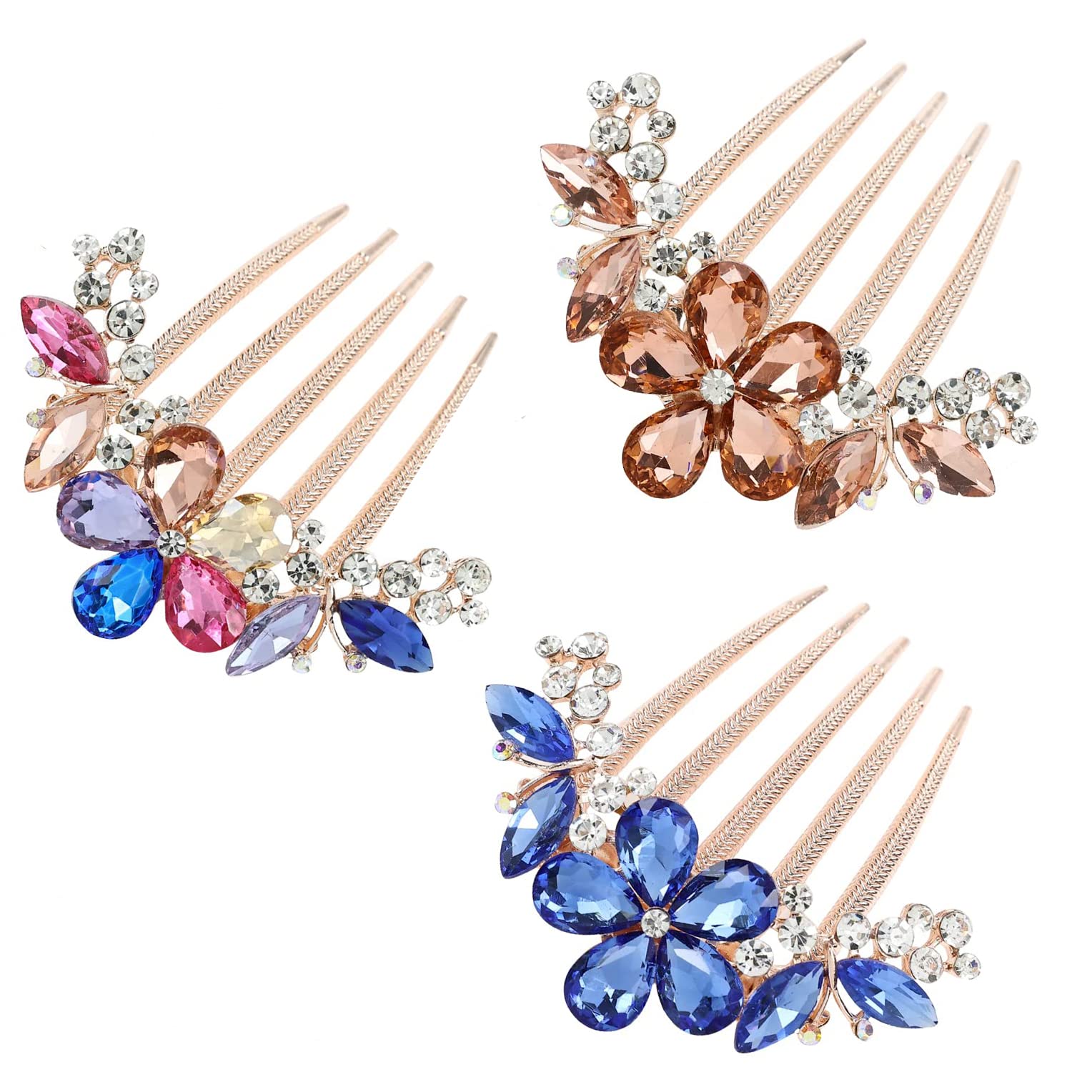 HIQUAY Rhinestone Inlaid Flower Hair Comb, Women Hairpin Barrette Crystal Rhinestones Women Hair Combs, Bridal Wedding Hair Side Combs Accessories with Long Teeth (3PCS)