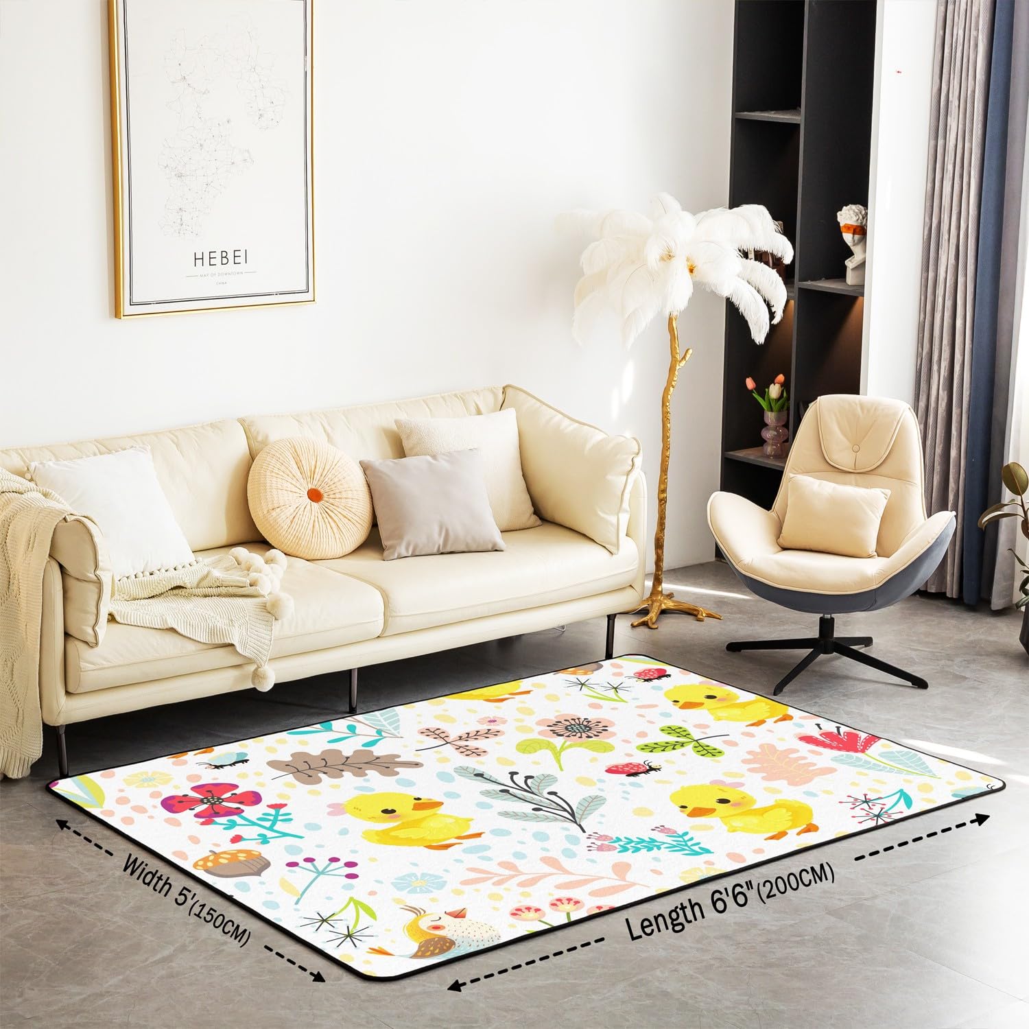 Dessin Animé Canard Tapis Salon 150x200,Mignon Animal Fleur Enfants Rectangulaire Tapis,Kawaii Ferme Impression Tapis Intérieur et Extérieur Chambre Salon,Jaune Bleu Fleur Lavable Tapis Décoratif