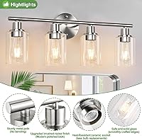 Vista 4 de Lámparas de baño de 4 luces, níquel cepillado, modernas luces de tocador sobre espejo con pantalla de vidrio transparente, lámpara de pared de baño