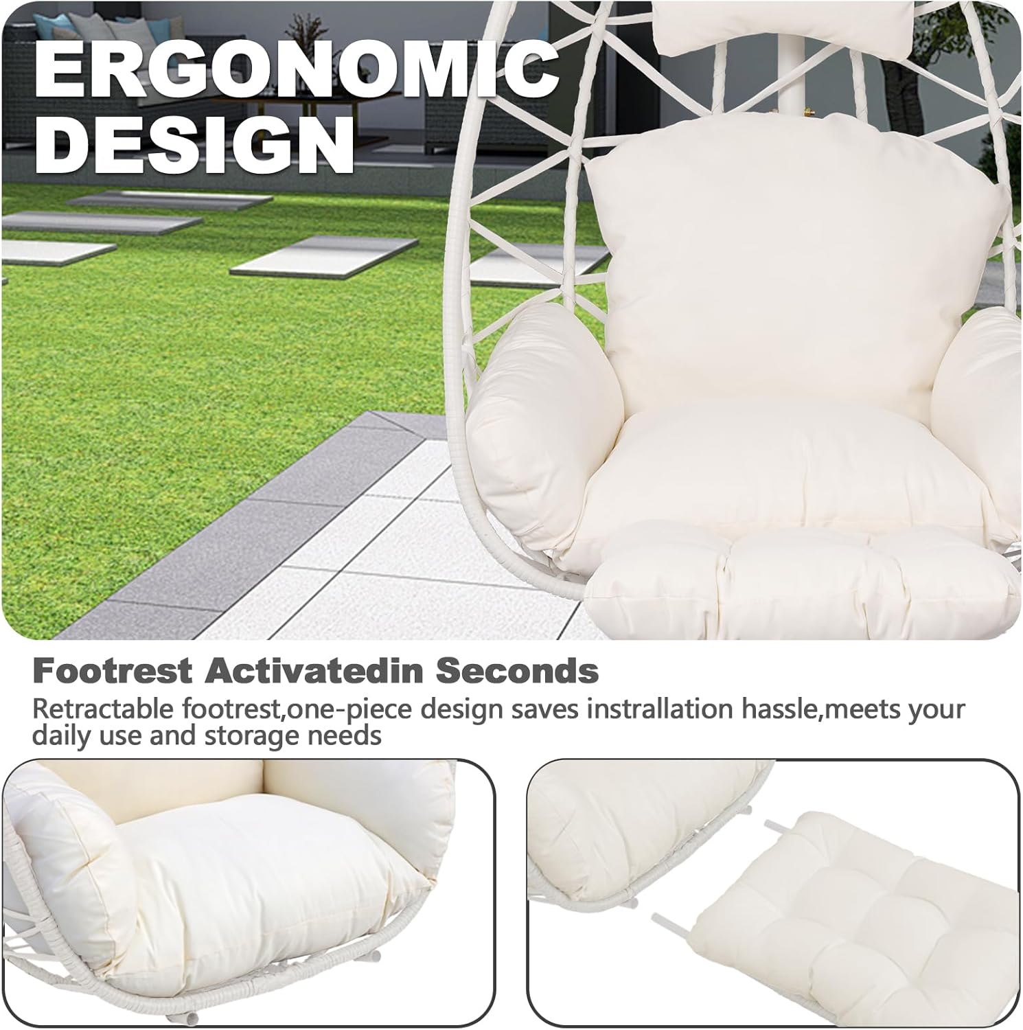 Hanging Egg Chair with Footrest & Stand, Wicker Rattan Swing Hammock Chair with Cushion & Double Chains, 350LBS Capacity for Outdoor & Indoor Patio, Deck, Bedroom, Balcony (White-White)