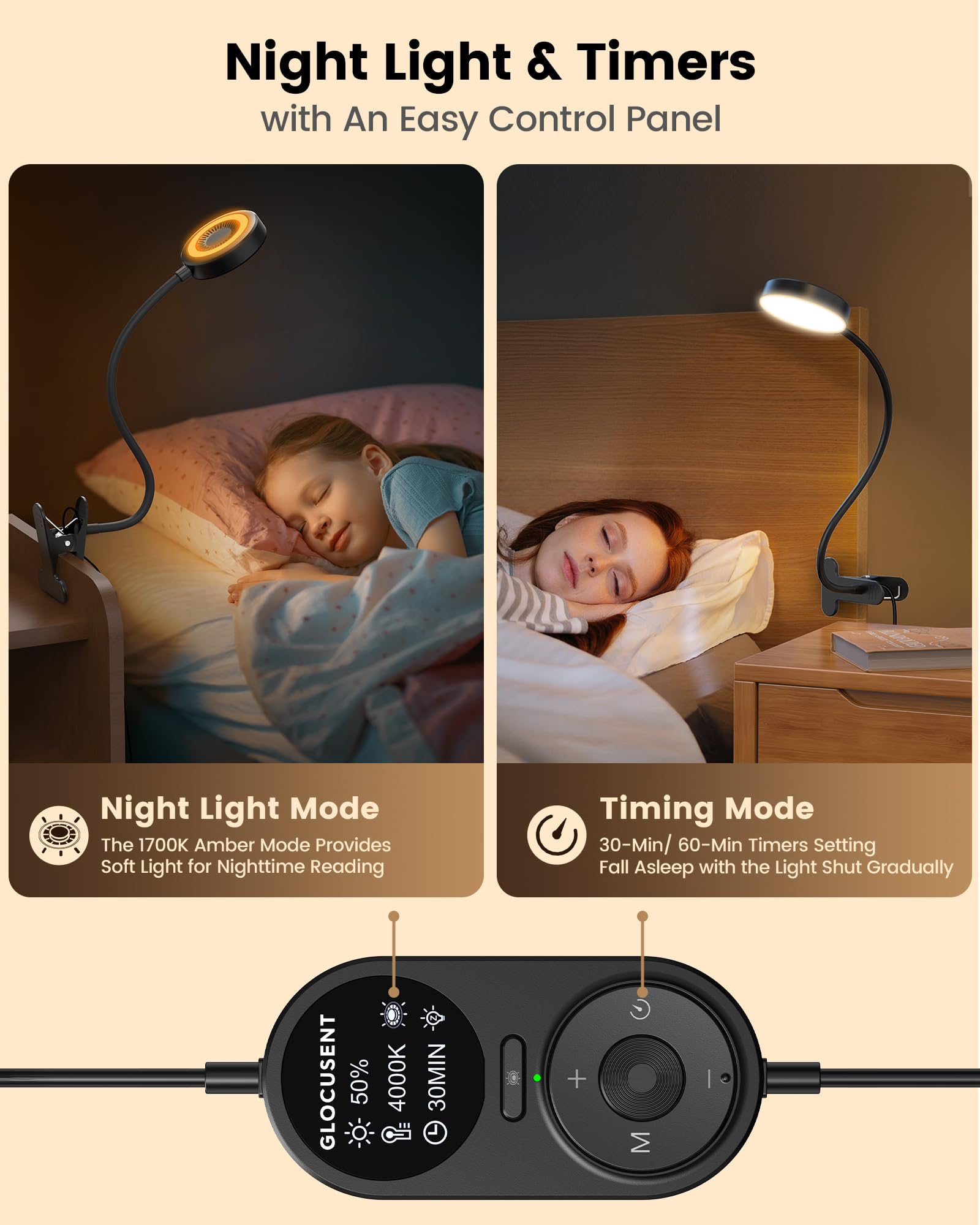 Glocusent 5W 36 LED Leselampe Bett mit 3 Farb- und 5 Helligkeitsstufen & 72 LED Klemmlampe mit 3 Farben und 5 Helligkeiten mit Amber Nachtlicht, 30/60-Min Timer, Augenschutz, für Bett/Lesen/Arbeiten
