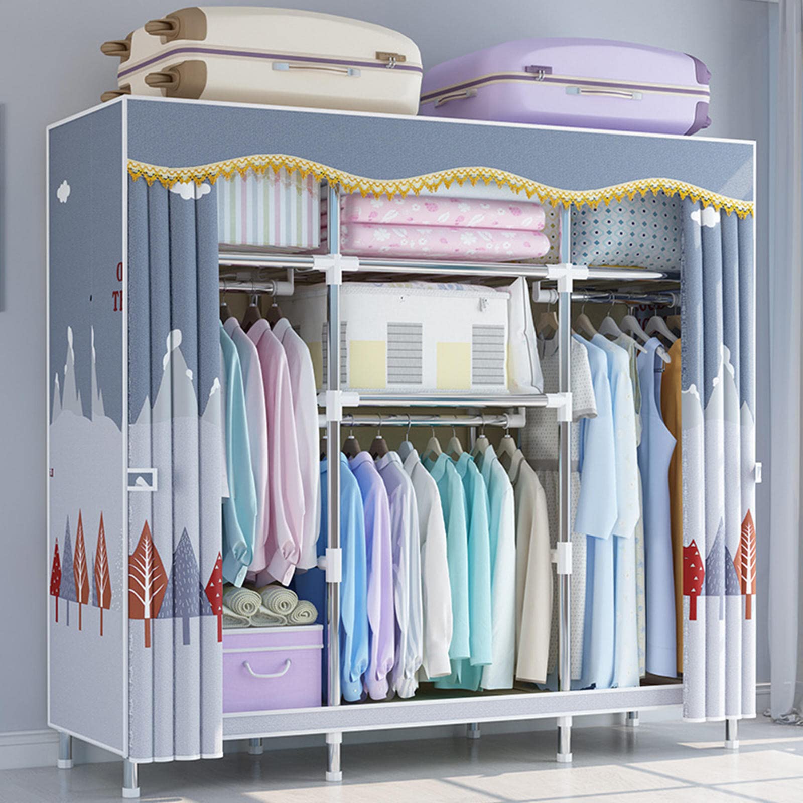 Canvas-Kleiderschrank, tragbarer Kleiderschrank, Aufbewahrungsorganisator für Kleiderschränke mit Kleiderstange, Regalen, Stoffbezug, faltbarer Schrank für Schlafzimmer, Wohnzimmer