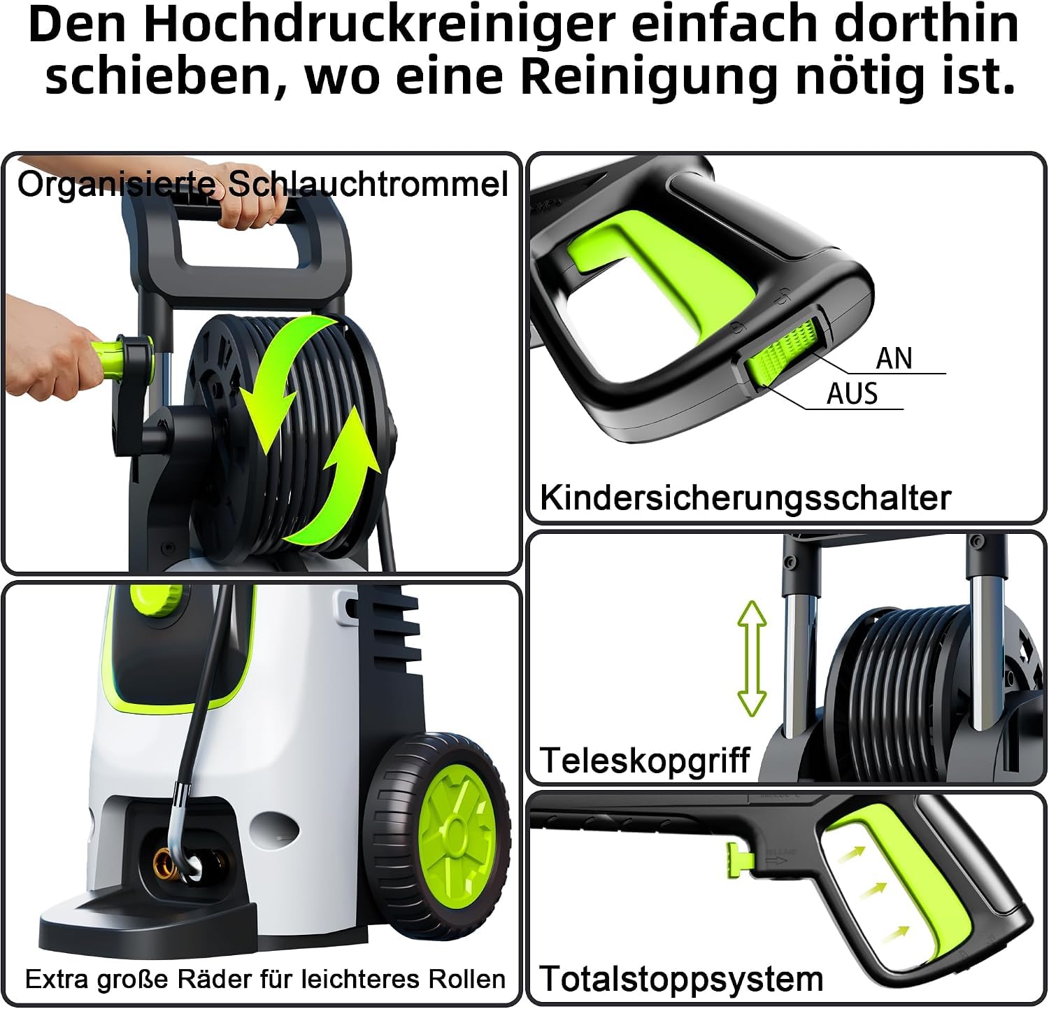 Hochdruckreiniger 120 bar 360 L/h, 7-in-1 Zubehör Set mit 500 ml Schaumsprüher, Schnellkupplungen, Schnellanschlussdüsen, Terrassenbürste – ideal für Auto, Terrasse, Garten, Fassade & Gehwege