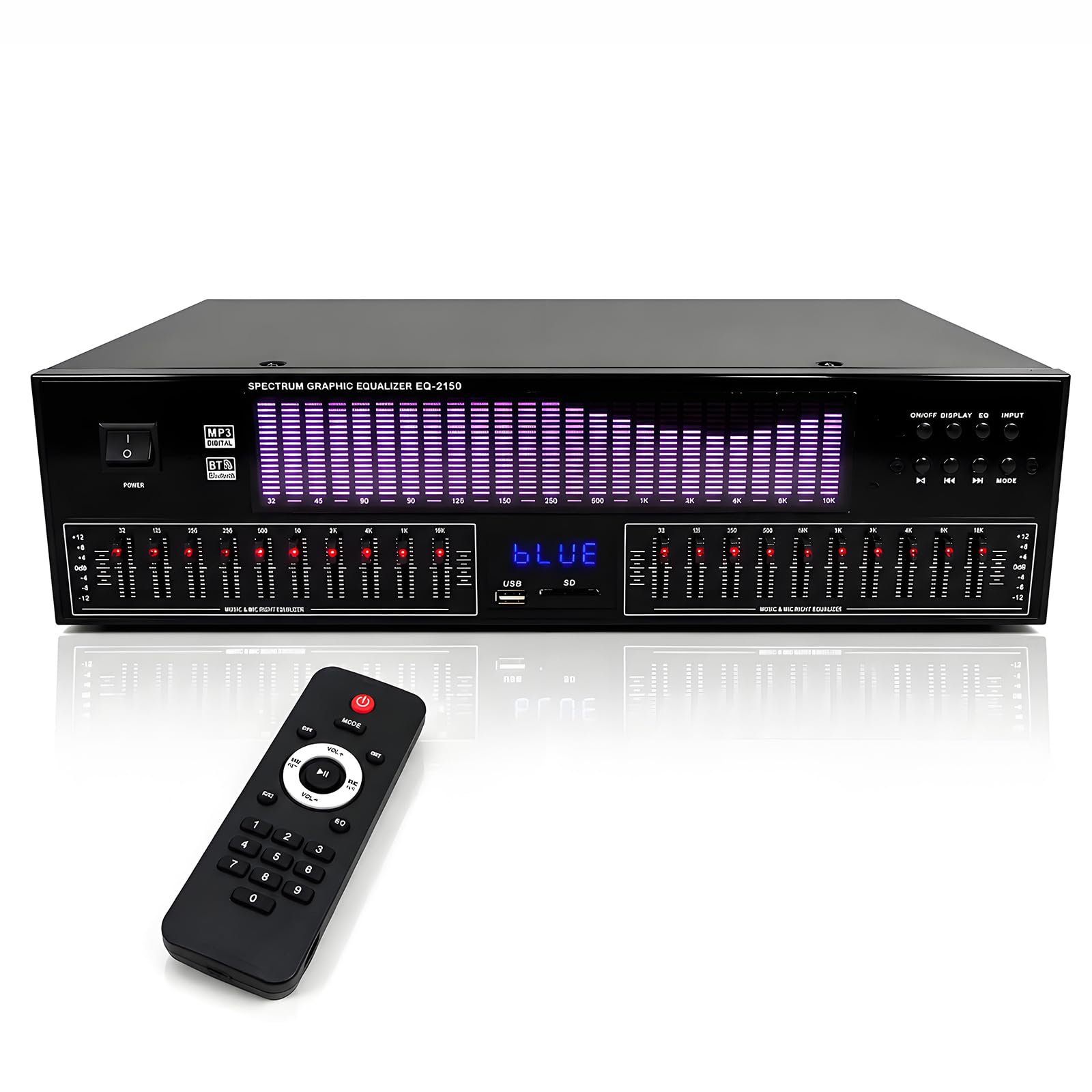 RKXKJ 20-Band Digital Equalizer, Stereo Graphic EQ, Music Spectrum Analyzer, with Remote Control, LED Spectrum Display, 15 Dynamic Styles, Bluetooth Function, Noise Reduction, for Recording Studio