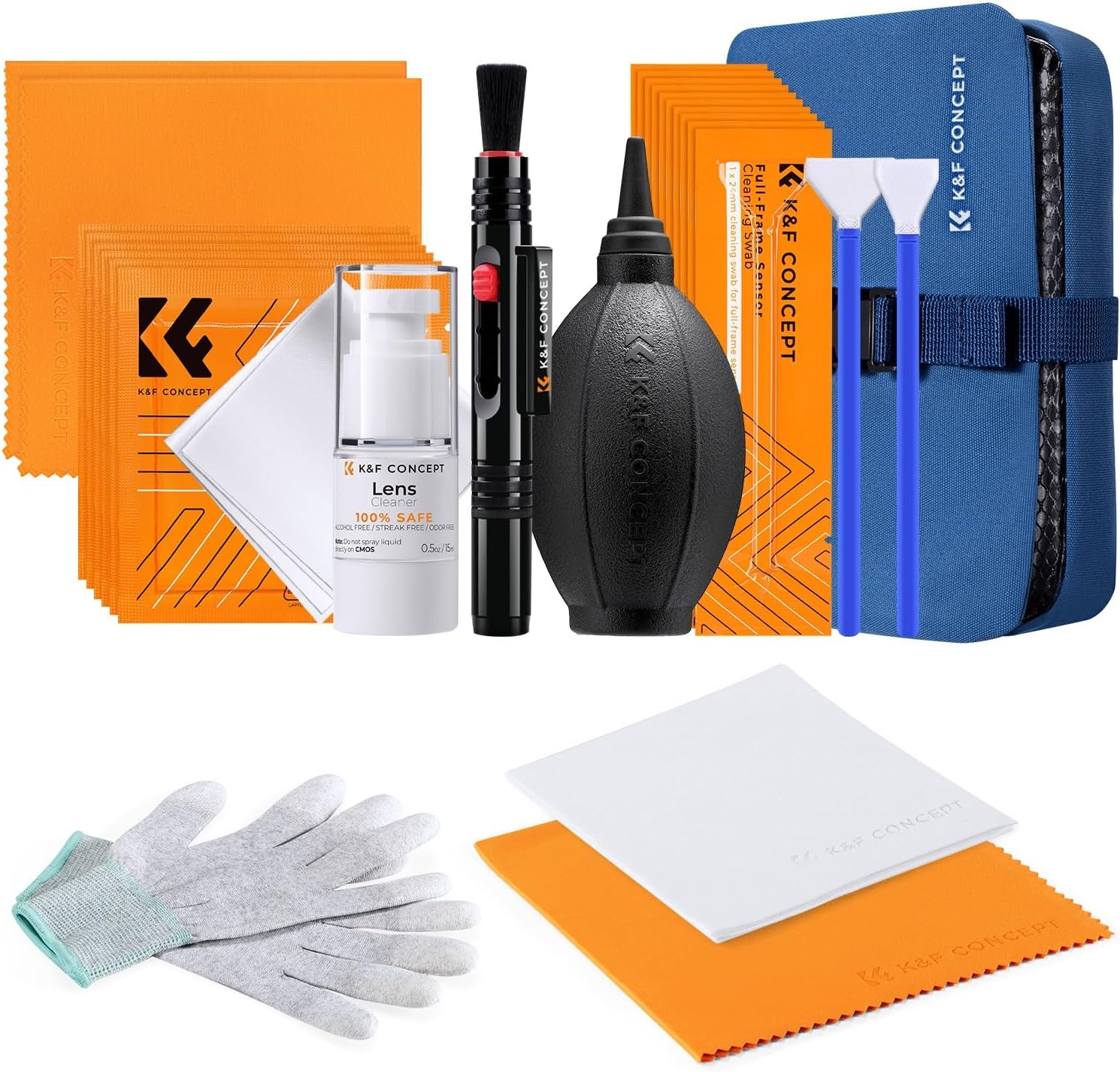 K&F CONCEPT -23 in 1 Complete Camera Cleaning Kit, Pear Blower+10 Swab Pole+8 Microfiber Cloths+Brush+15ml Cleaning Solution+Impermable Bag+Anti-Static Gloves for Canon/Nikon