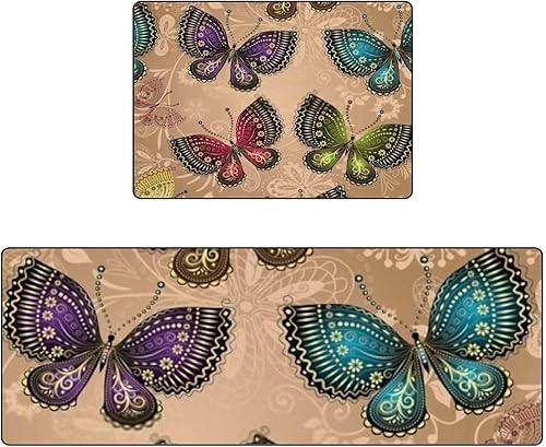 Miniatura 3 de Juego de 2 alfombras y tapetes de cocina, antifatiga, beige, brillante, colorido, mariposas, encaje, floral, antideslizante, lavable, cómodo, para