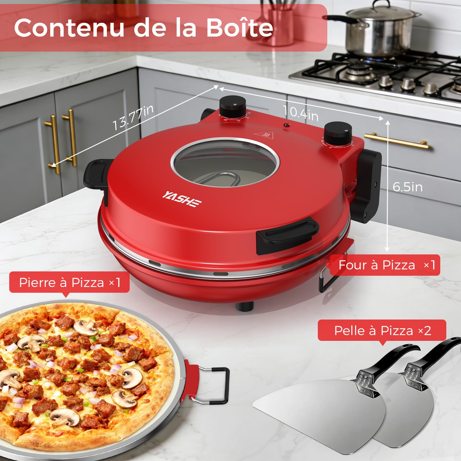 YASHE Four À Pizza Électrique 400°C, 1200W, Pizza Prête En 4–6 Min | Pierre À Pizza 30 cm · Double Chauffe · Fenêtre · Minuteur · Portable Pour La Maison