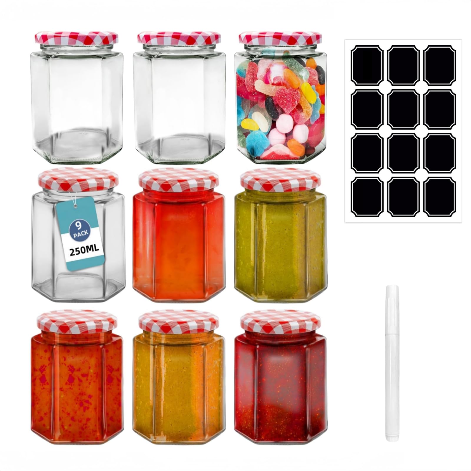 9 Pack 280ml Glass Hexagonal Jam Jar with Red Gingham Lid, Reusable Clear Food Storage Jars for Homemade Kitchen Spices,Food,Jam,Fruit,Salad,Yogurt,Sweets,Honey,Chilli Sauce