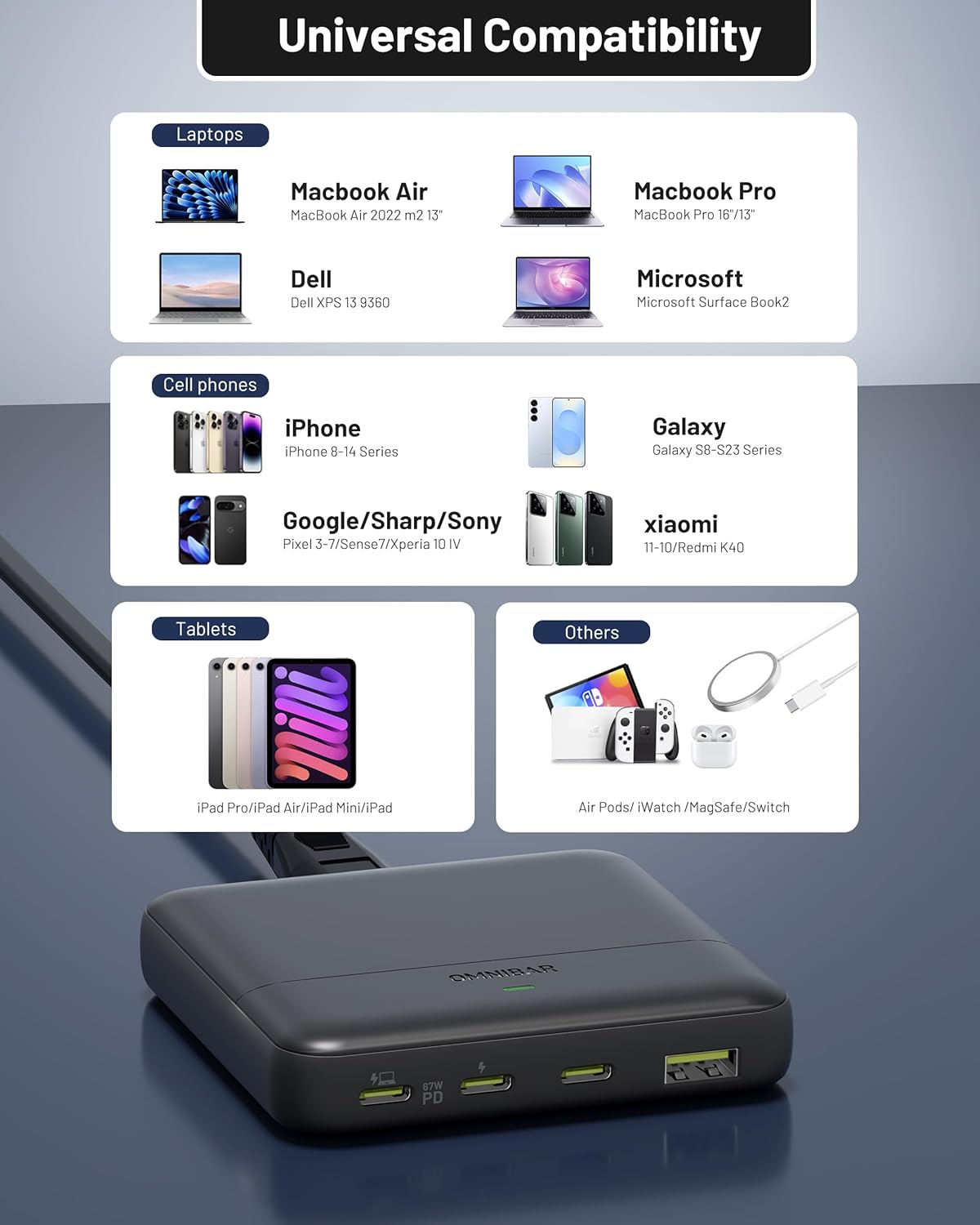 USB C Charging Station 67W, 4-Port Slim USB C Charger Block for iPhone 17/16/15, MacBook Air/Pro with 5ft Extension Cord, 3 USBC, 1 USB-A, Fast Charging Desktop Charger for Home Office Travel, Black
