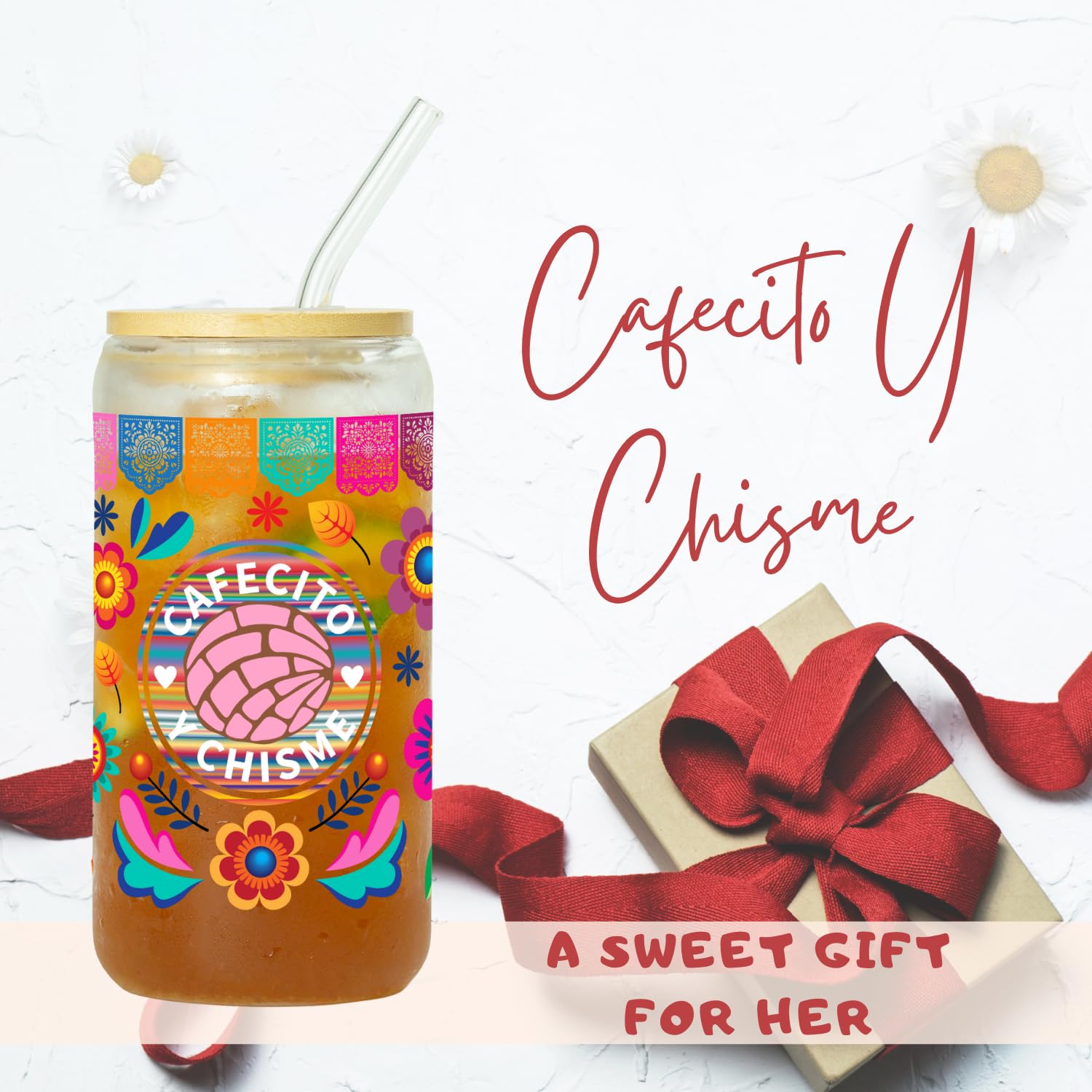 Cafecito Y Chisme 16oz Glass Cup with Bamboo Lid and Straw, Friend Present for Women, Mexican Coffee Glass Cup for Iced Coffee, Sisters, Christmas