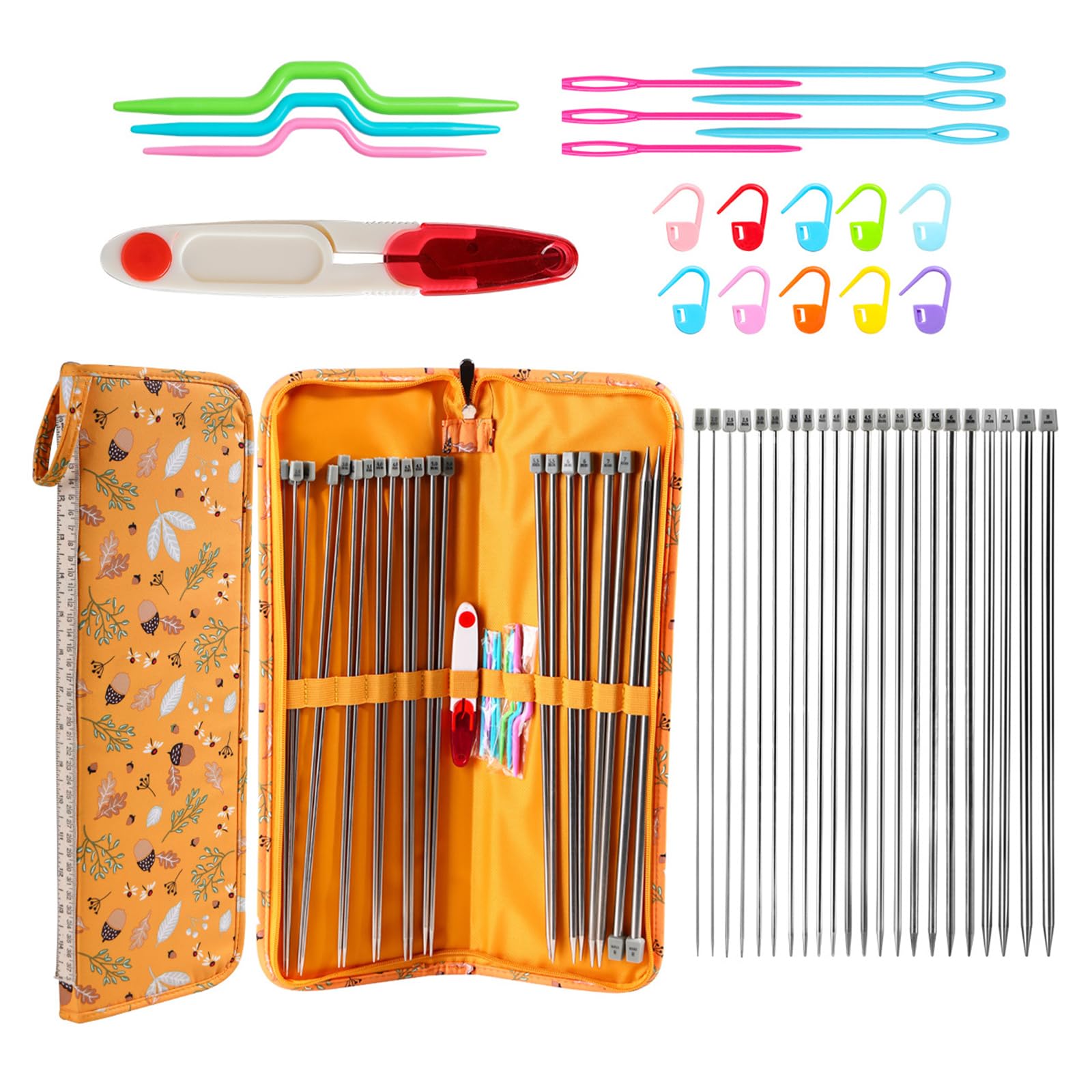 Tsophreniq 22Pcs Stainless Steel Single Pointed Knitting Needle for Beginner 2.0mm-8.0mm Sweater Knitting Needle with Accessories Project