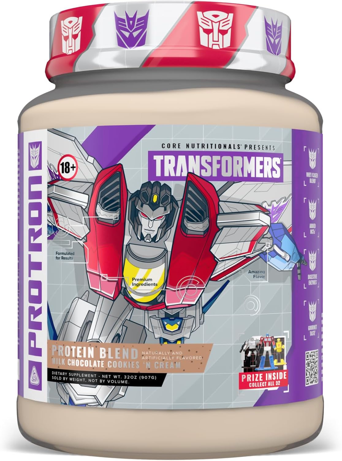 Core Nutritionals Transformers Protron Protein | Whey + Casein Blend | MCTs & Digestive Enzymes | 25g Protein | Free Prize Inside - Starscream | 2 Pound (Milk Chocolate Cookie 'N Cream)