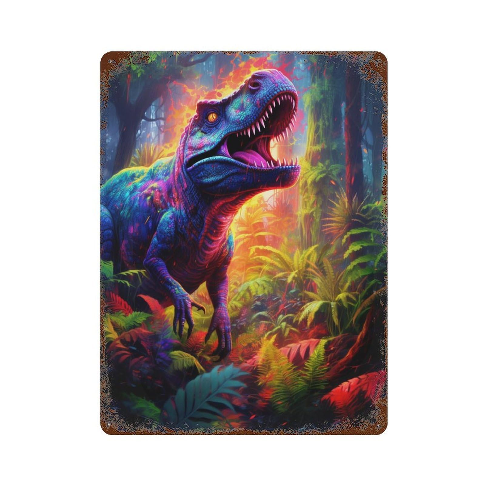 Garage Style Rainbow Dinosaur in Jungle Rust Effect Tin Sign 15.7"x11.8", Rustic Home Decor for Bar And Workshop