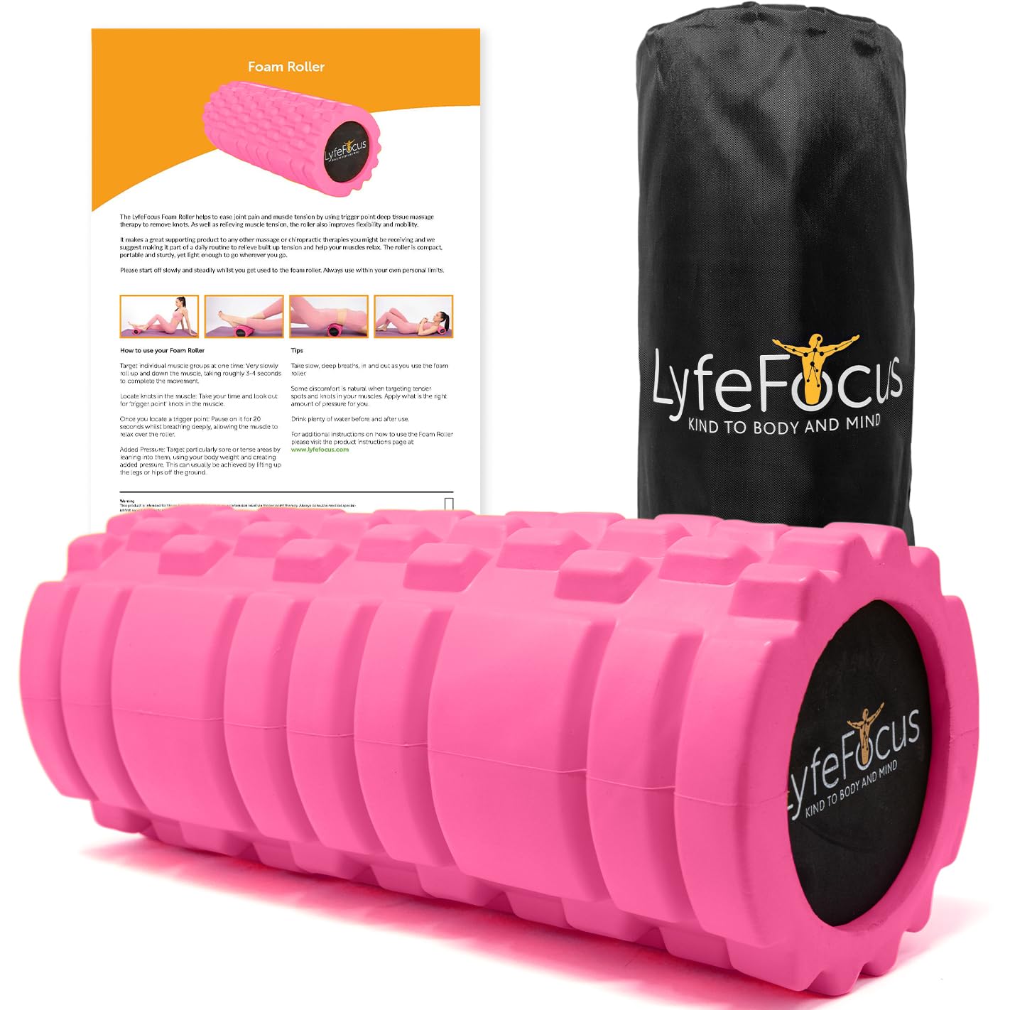 LyfeFocus Premium Trigger Point Foam Roller - Multi Pressure Point with 3 Unique Moulds for Muscle Tension - Specialist Approved Sports Massage Roller for Deep Tissue Therapy - with Carry Bag (Pink)