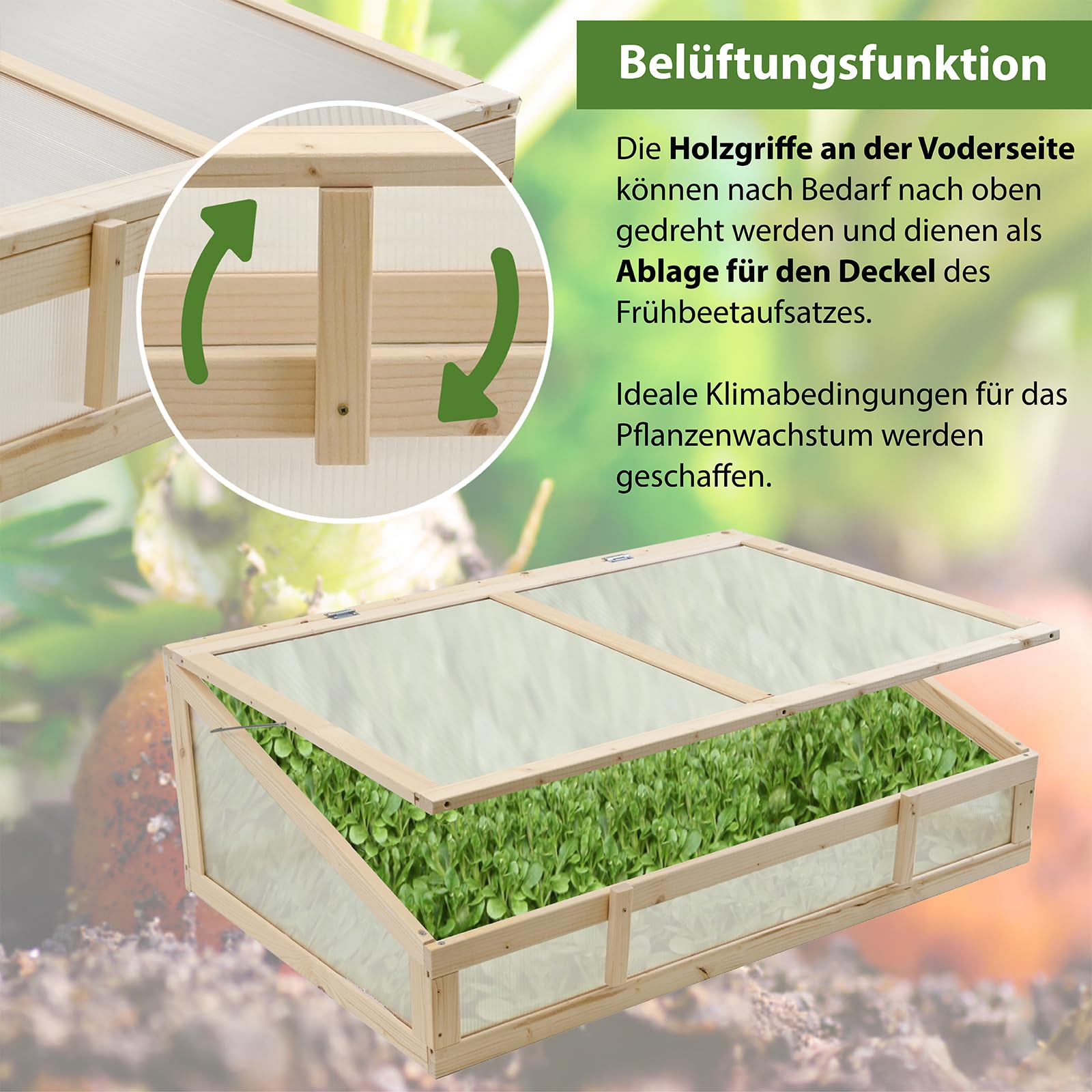 TRUTZHOLM Frühbeetaufsatz aus Massivholz 120x80x40 cm Frühbeetkasten mit verschließbarem Deckel Gewächshaus für Hochbeet 120x80 cm Beete Mini Gewächshaus Pflanzkasten (Natur)