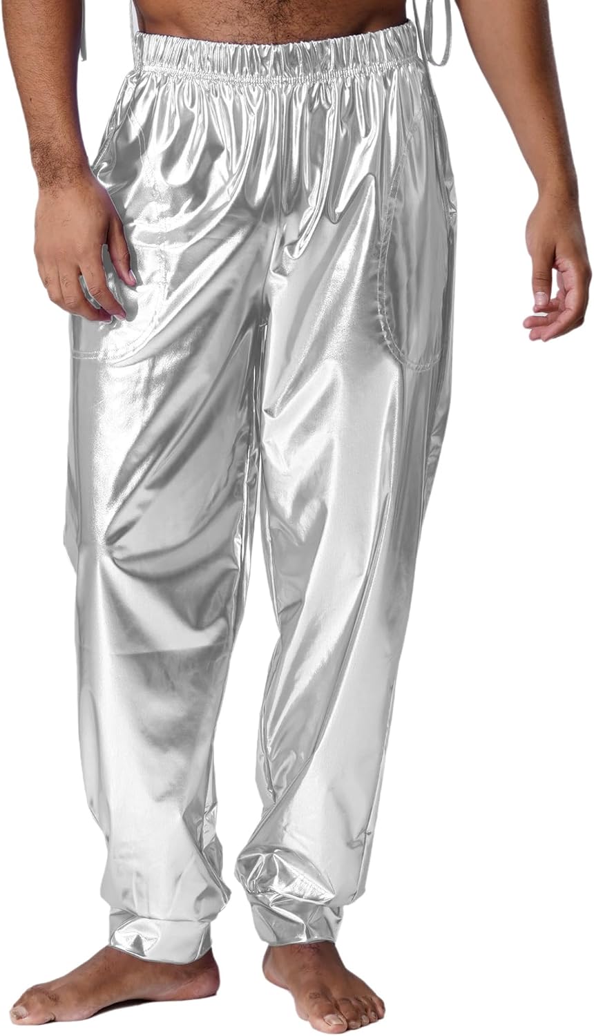 YiZYiF Shiny Metallic Mens Pants High Waist Loose Sport Pants with Metallic Sheen for Modern Dance