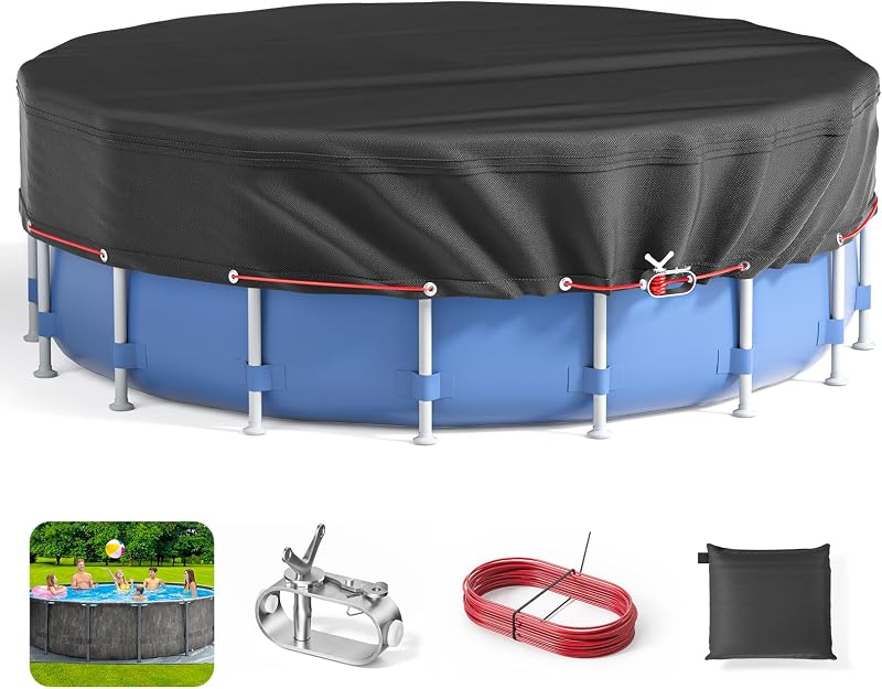 Round Pool Cover - Covers for Above Ground Pools, Pool Cover Protector, Increase Stability Ground Swimming Pools, Waterproof and Dustproof Swimming Pool Covers, 14Ft, Black