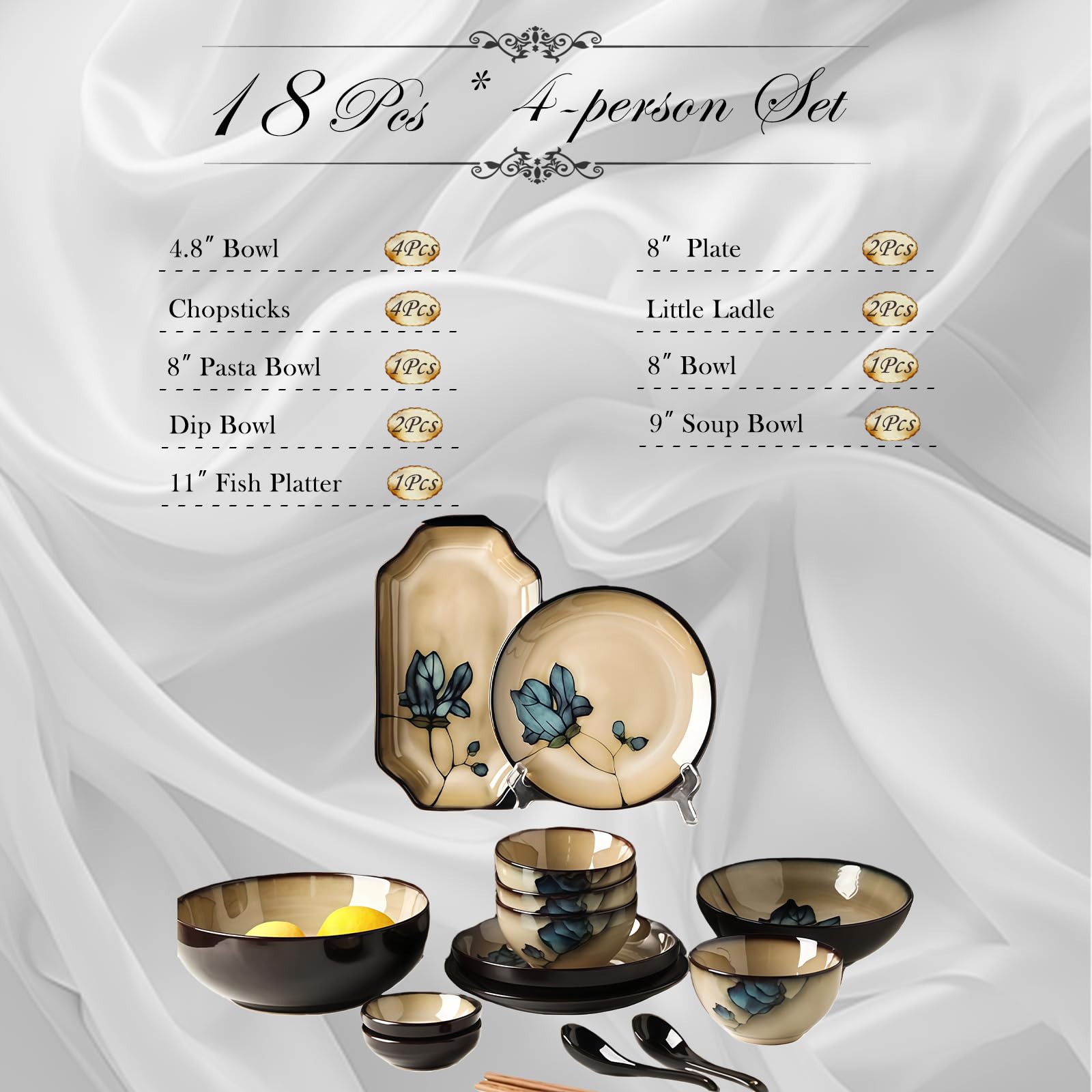 Ele Service de table 18 pièces en porcelaine pour 4 personnes comprenant des assiettes Ceic, des bols en Pa, une casserole à soupe, des cuillères chinoises et des chopstic – T en grès parfait pour les