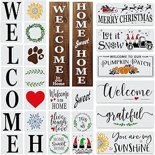 26 PCS Large Welcome Stencils for Painting on Wood - Home and Welcome Stencil Letters for Porch - Vertical Reusable Christmas Stencils for Signs - Gnome Stencils - Farmhouse Stencils for Crafts