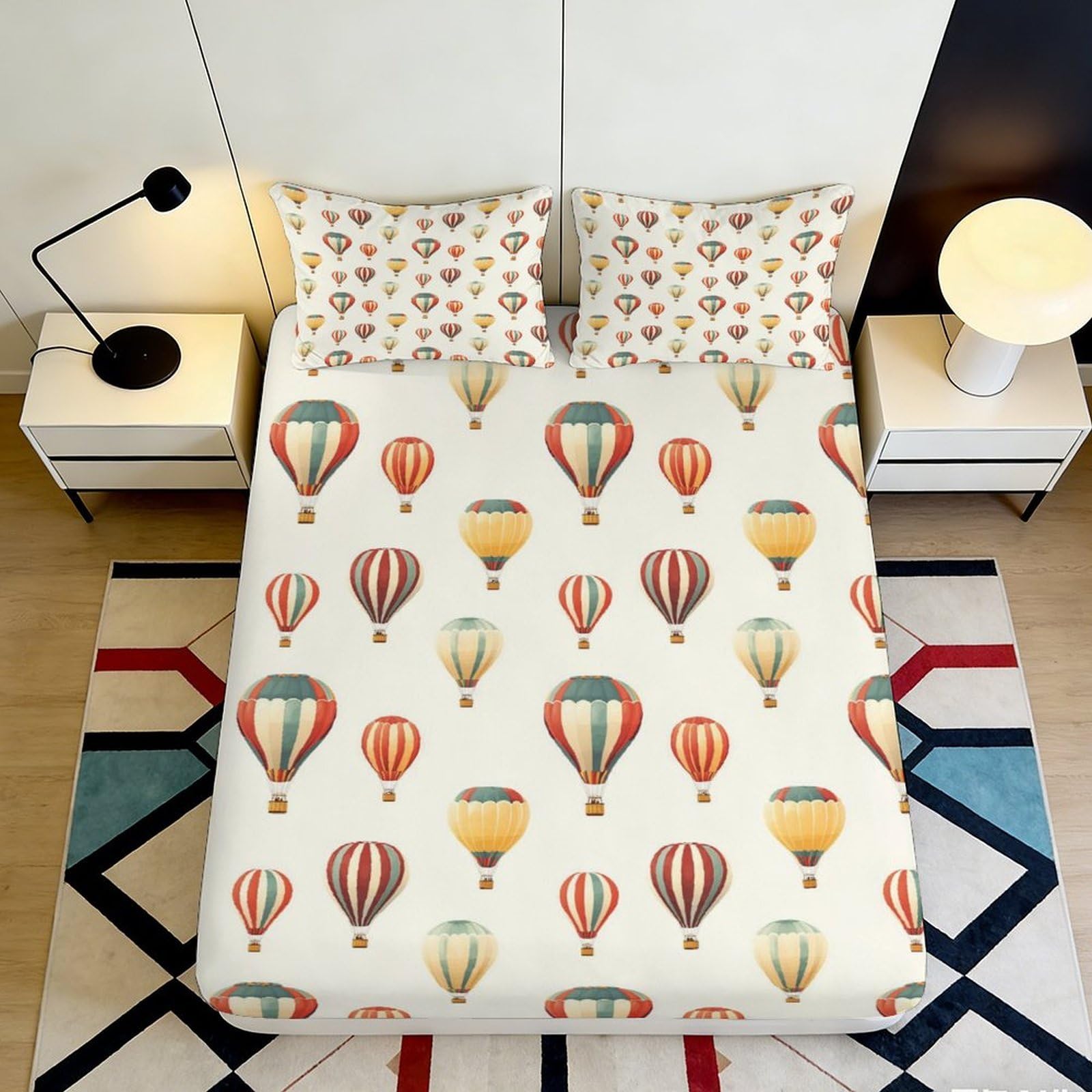 3D Printed Hot Air Balloon Fitted Sheet Microfiber Soft Anti-Slip Multicolor Balloon Bed Cover for Bedroom Dorm Easy Care 140x200x25cm