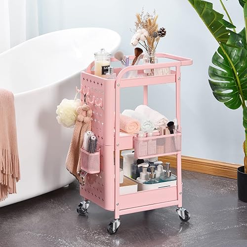 Miniatura 7 de KINGRACK Carrito con ruedas de 3 niveles, carrito utilitario de metal con asa, carrito organizador de almacenamiento multifuncional con ruedas