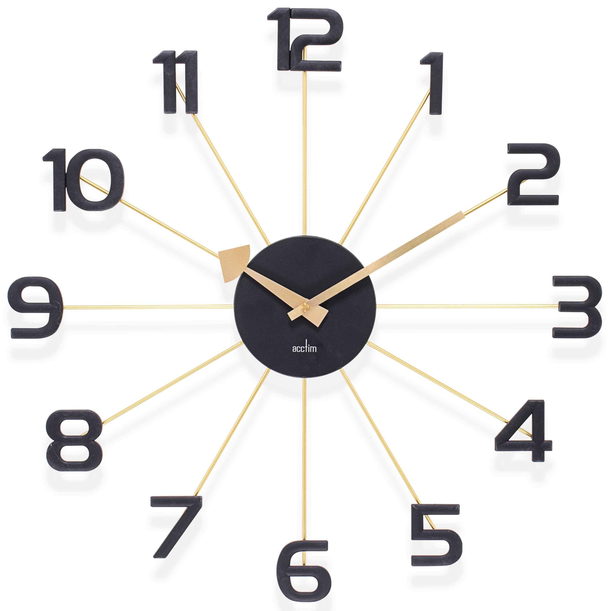 Acctim Astraea quartz wall clock 50cm black and brass mid century modern wall clock with metal spoke design, large easy read numbers, analogue quartz clock for kitchen living room