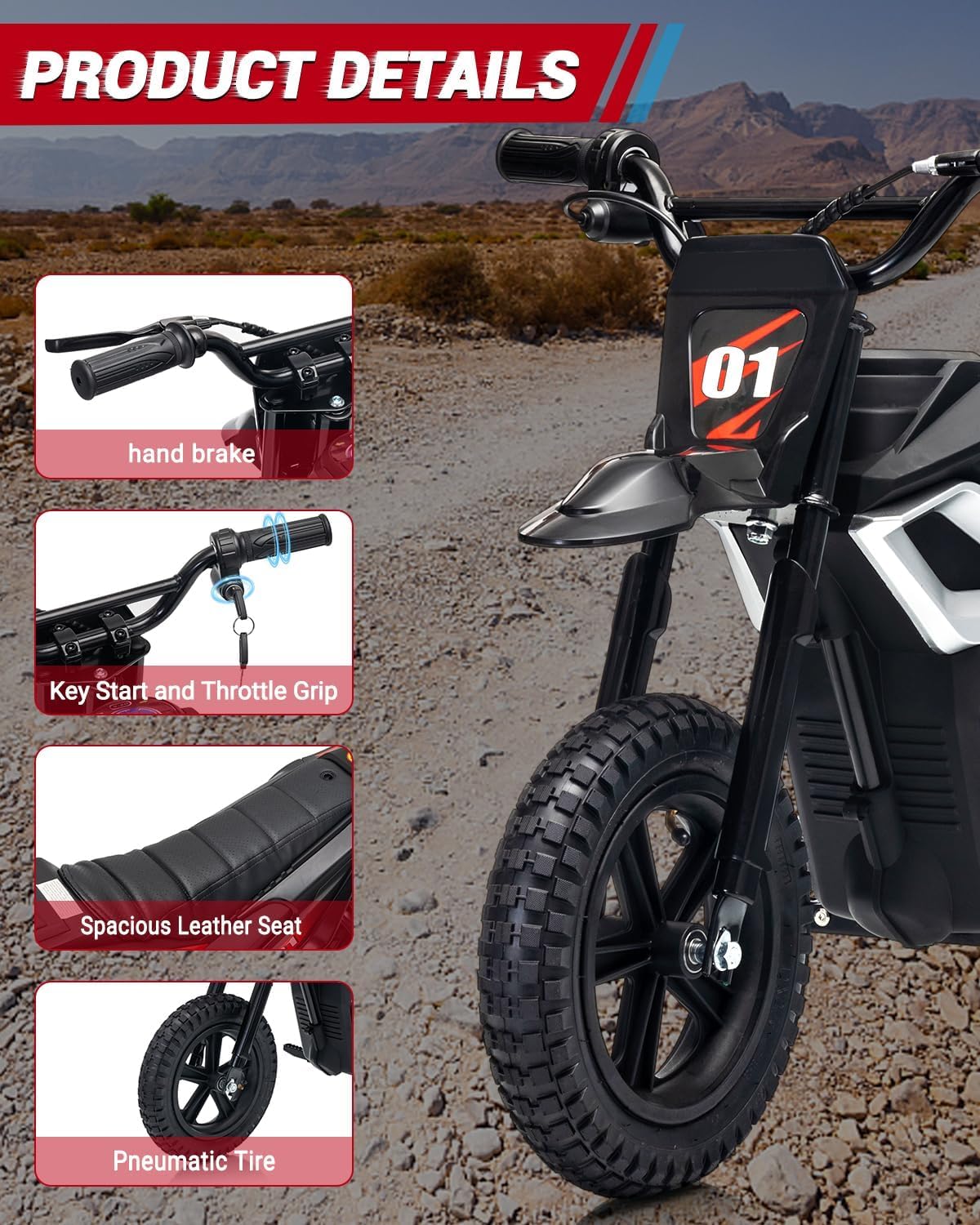 24V Electric-Dirt-Bike for Teens, 12" Fat Tire Electric Motorcycle with Hydraulic Brakes & Spring Suspension, 130lbs Max Load, 350W Brushless Motor, Mountain Off-Road Motorcycle for Boys Girls Black