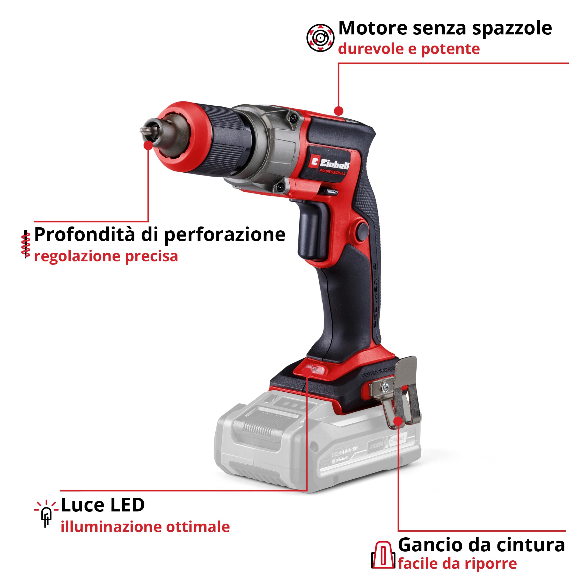 Avvitatore per cartongesso Einhell Professional TP-DY 18 Li BL-Solo Power X-Change (18 V, Brushless, arresto di profondità, esercizio in continuo, inclusa punta, batteria esclusa)