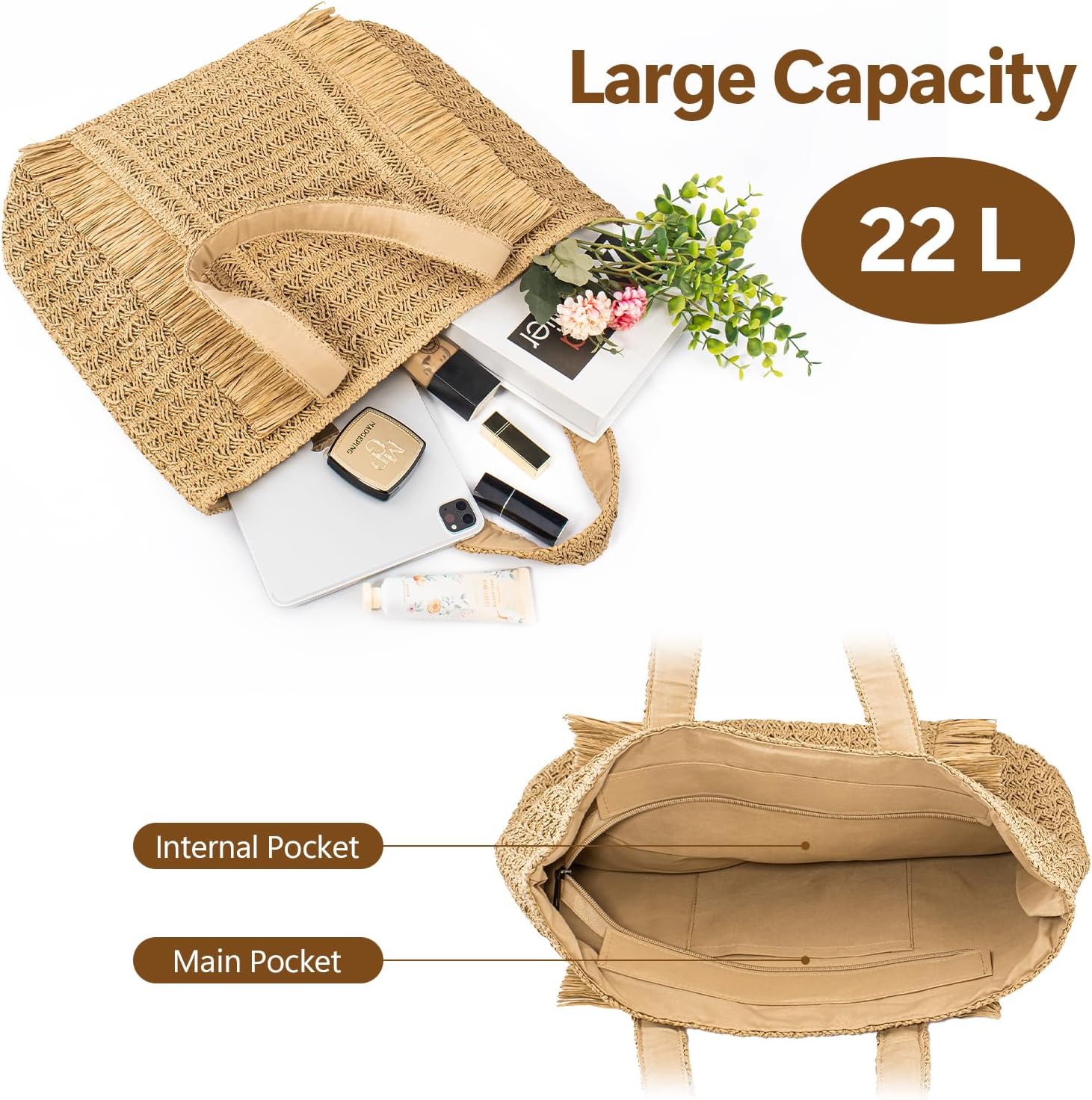 Peicees Straw Woven Bag for Women- Beach Tote Purse with Leak-Proof Lining Summer Travel Vacation Boho Shoulder Bag Large 22L - Image 2