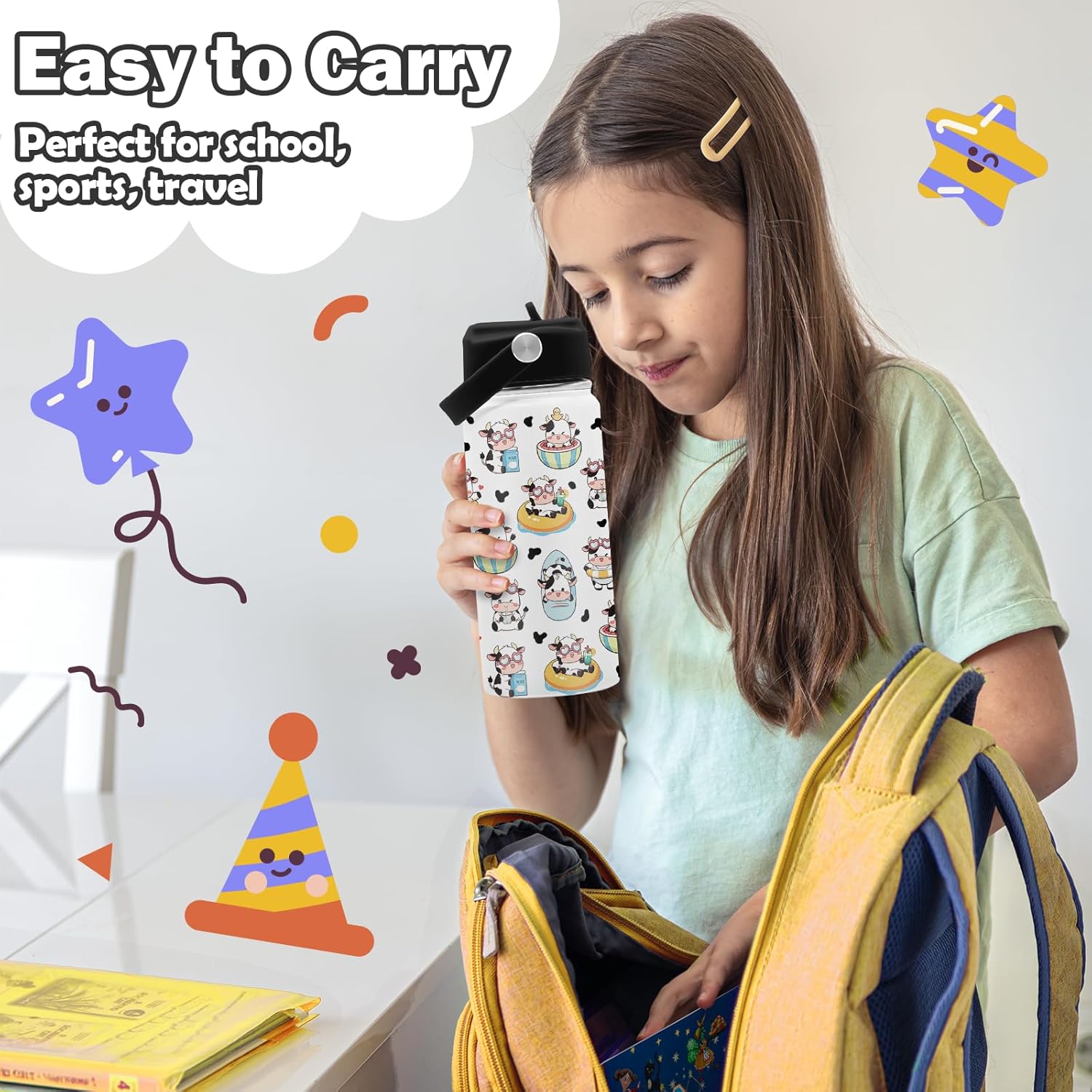 Cow Water Bottle - Cow 16oz Stainless Steel Water Bottle with Straw - Cute Cows Insulated Cup for Girls Boys - Cows Kids Tumbler for School, Sports, Travel - Image 7