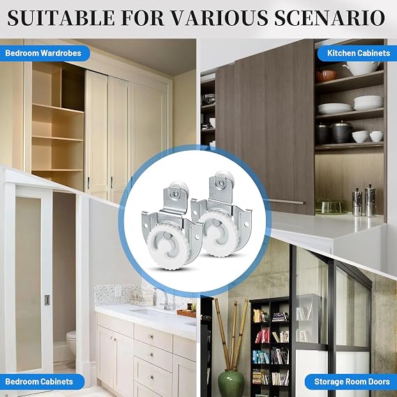 Sliding Closet Door Hardware Set, 4 Pack Sliding Wardrobe Door Hardware Roller Kit Includes Knob Adjustable Door Hooks and Screws