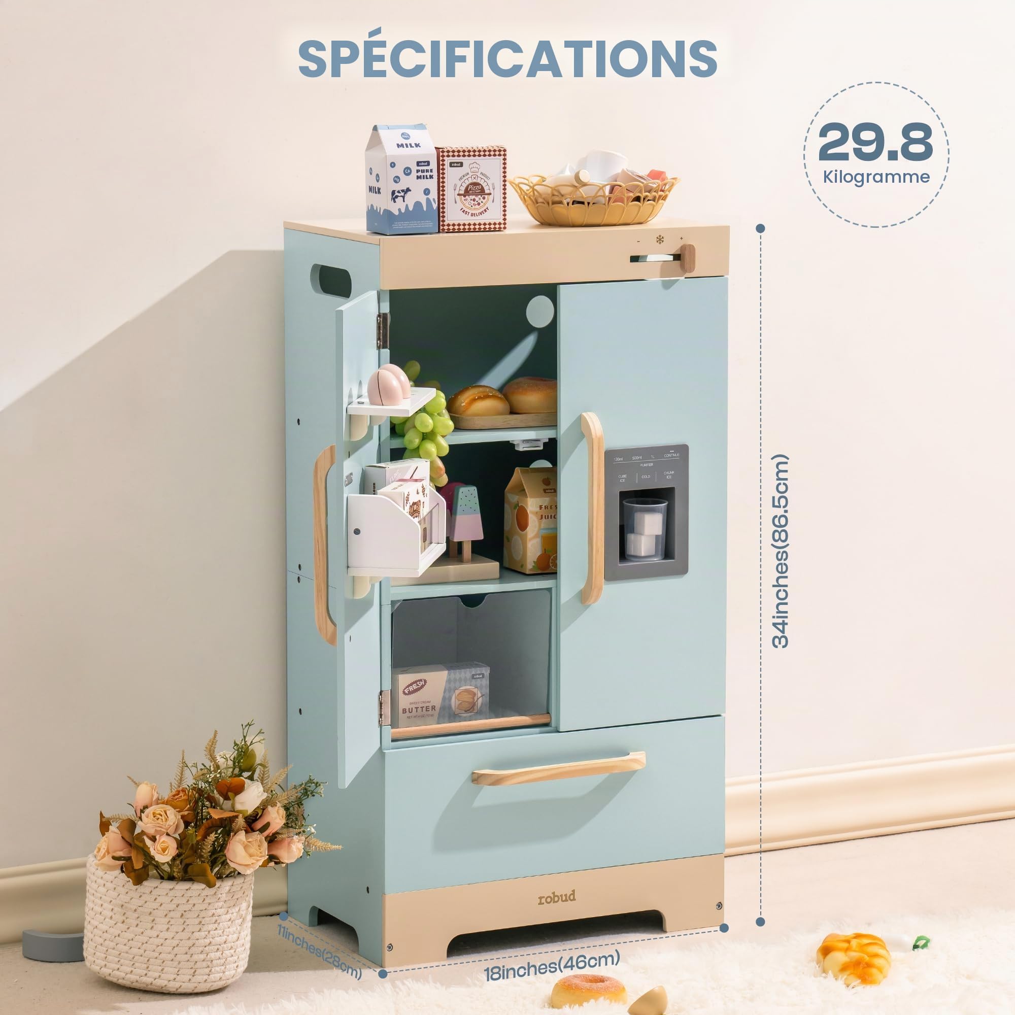 ROBUD Réfrigérateur en Bois réaliste et interactif avec bac à glaçons et Jouets Alimentaires, Convient aux Enfants à partir de 3 Ans